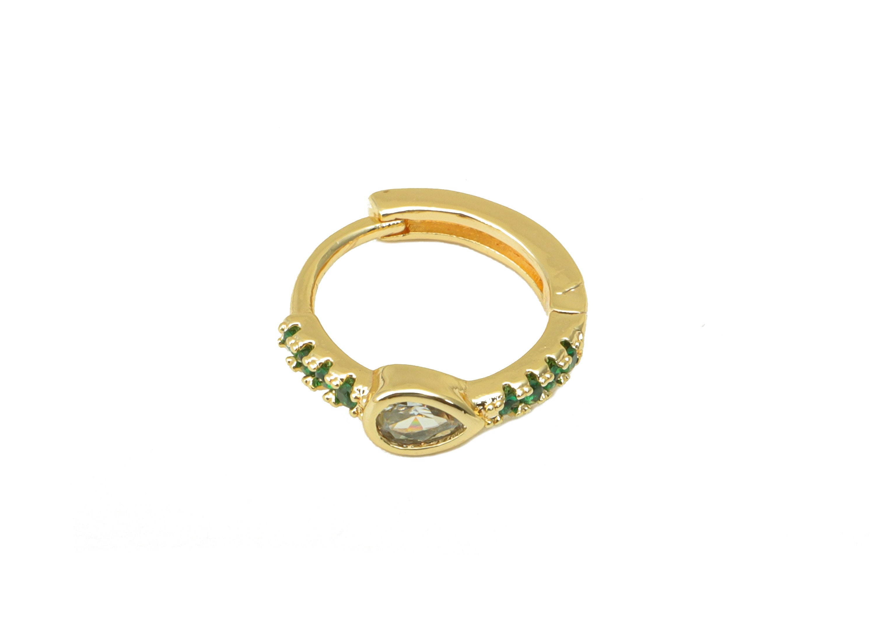 Brass Ring Clasp - Cubic Zircon Huggie Clasp - Green Hoop Clasp - CZ Teardrop Clasp Huggie - 18K Real Gold Plated -14.05x12.95x2mm- RGP6274 - DOMEDBAZAAR