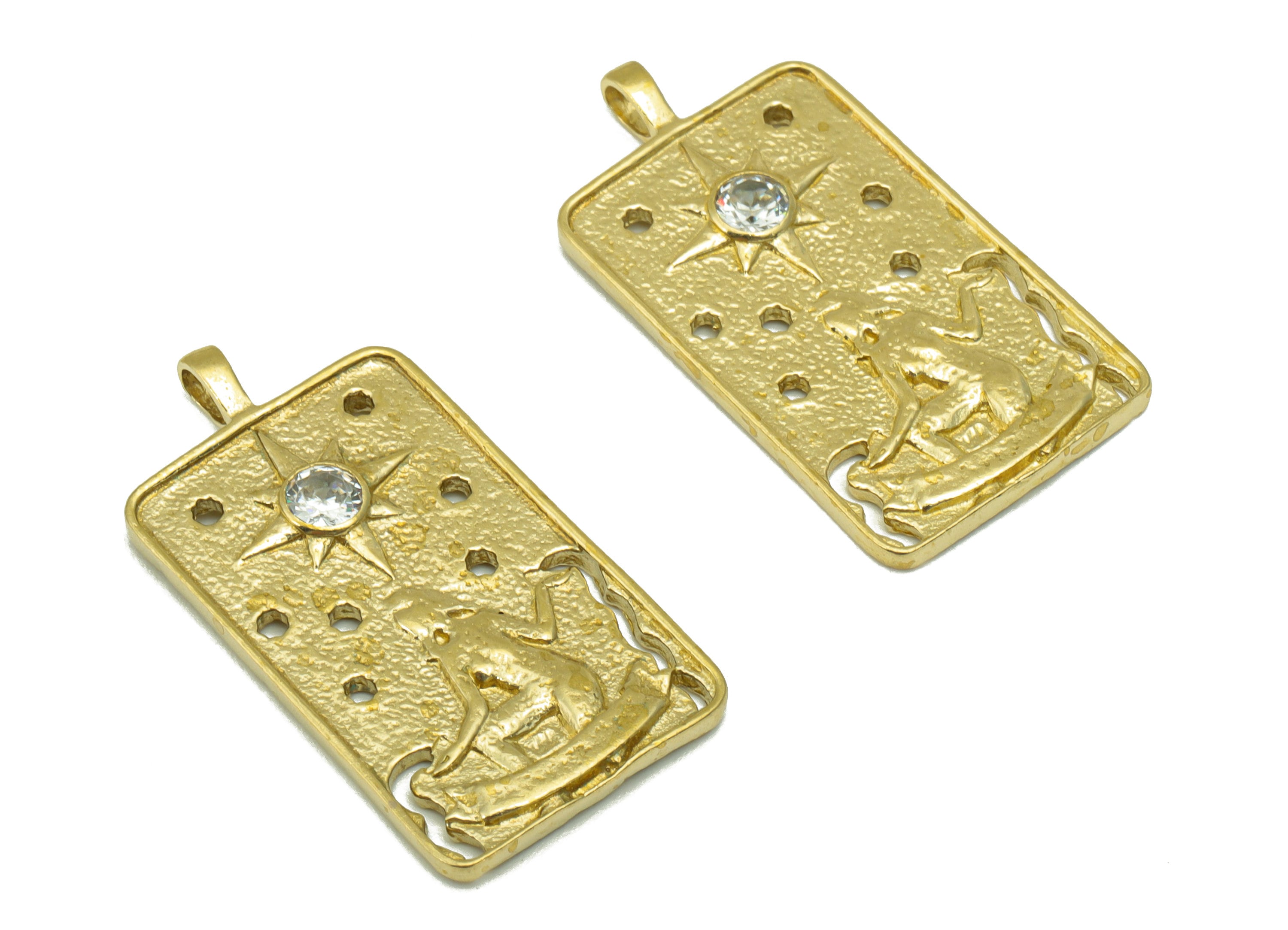 Brass Rectangle Earring Charm - Raw Brass Textured Woman Pendant-Cubic Zircon -Star Charm -For Necklace -30 x16 x2.44mm-PP8399 - DOMEDBAZAAR