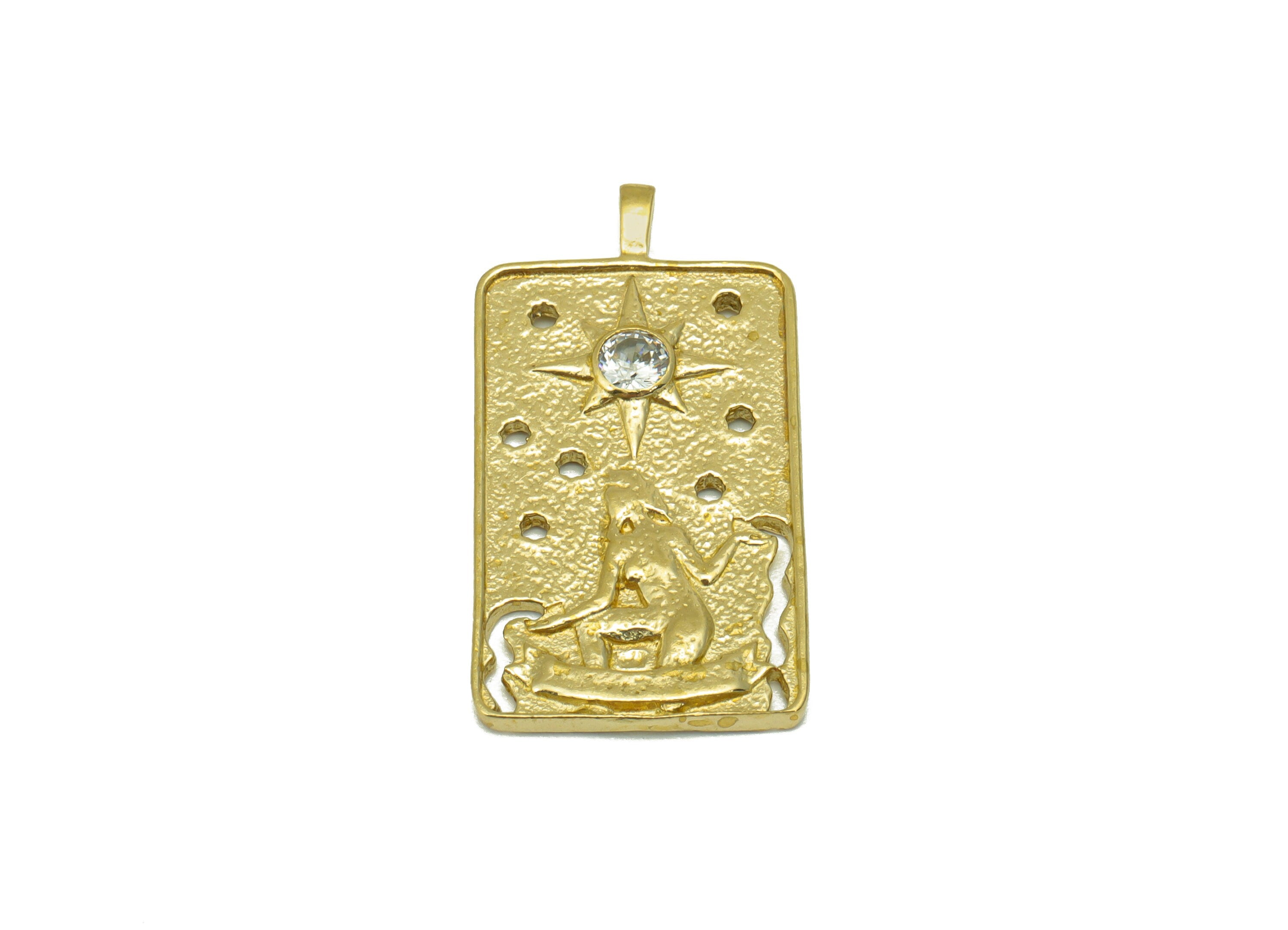 Brass Rectangle Earring Charm - Raw Brass Textured Woman Pendant-Cubic Zircon -Star Charm -For Necklace -30 x16 x2.44mm-PP8399 - DOMEDBAZAAR