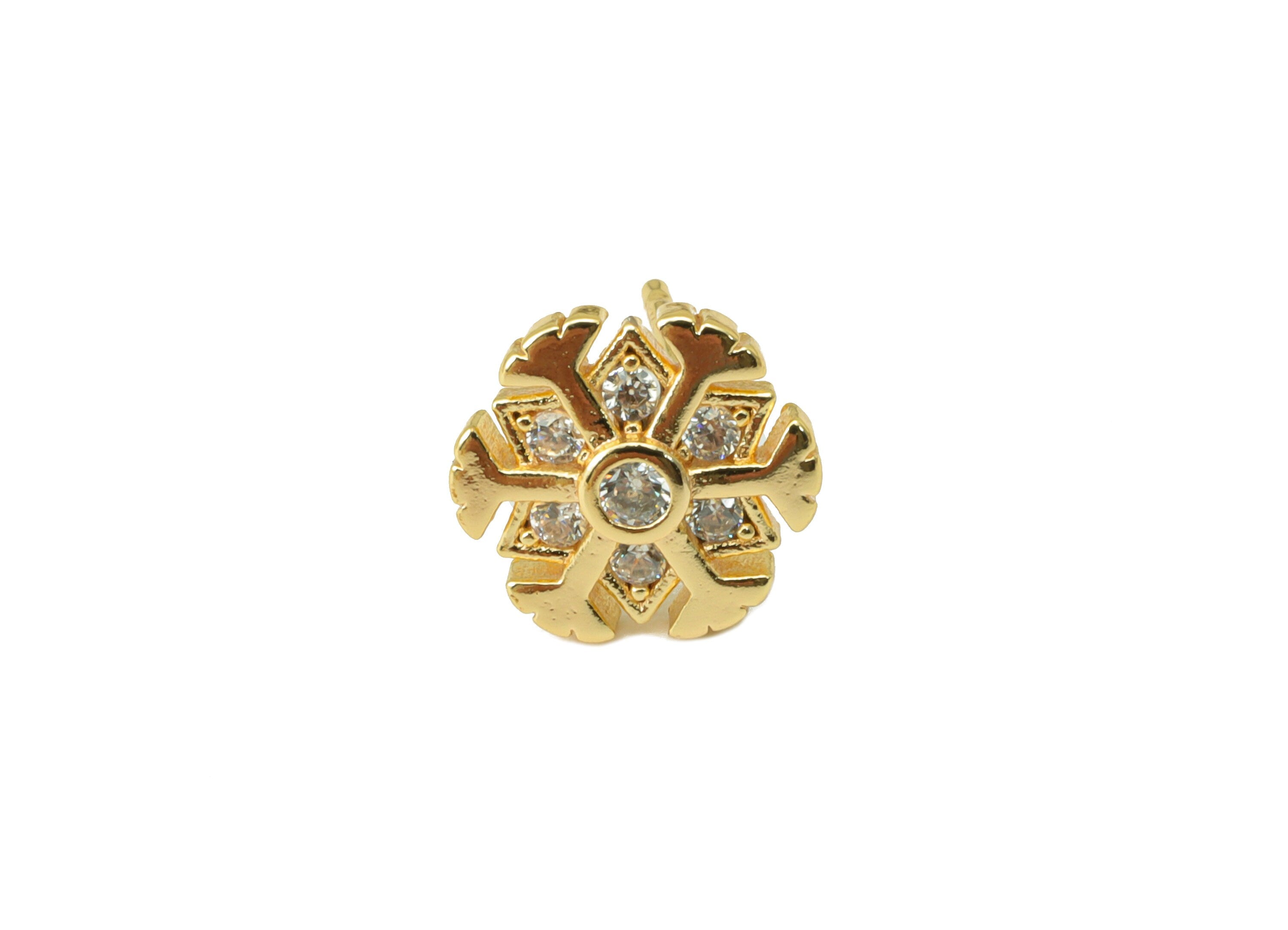 Brass Snowflake Earrings Stud - Brass Flower Earring Post - Cubic Zircon Earring Post - 18K Real Gold Plated -9.2x9.27x1.64mm- RGP6219 - DOMEDBAZAAR