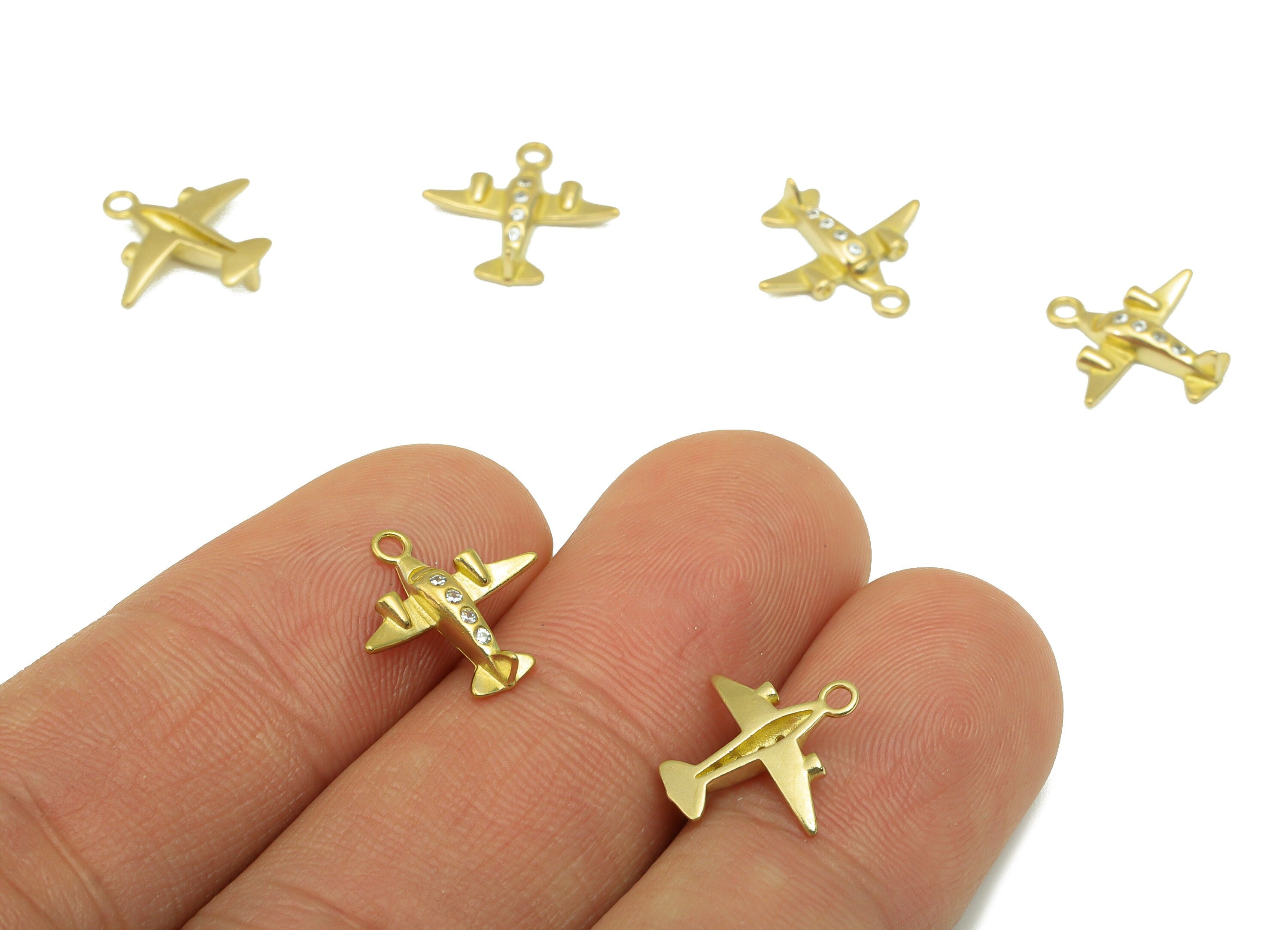 Brass Aircraft Earring Charm -Raw Brass Aircraft Pendant - Cubic Zirconia Plane Charm -For Necklace-12 x14 x 2.24mm-PP8411 - DOMEDBAZAAR