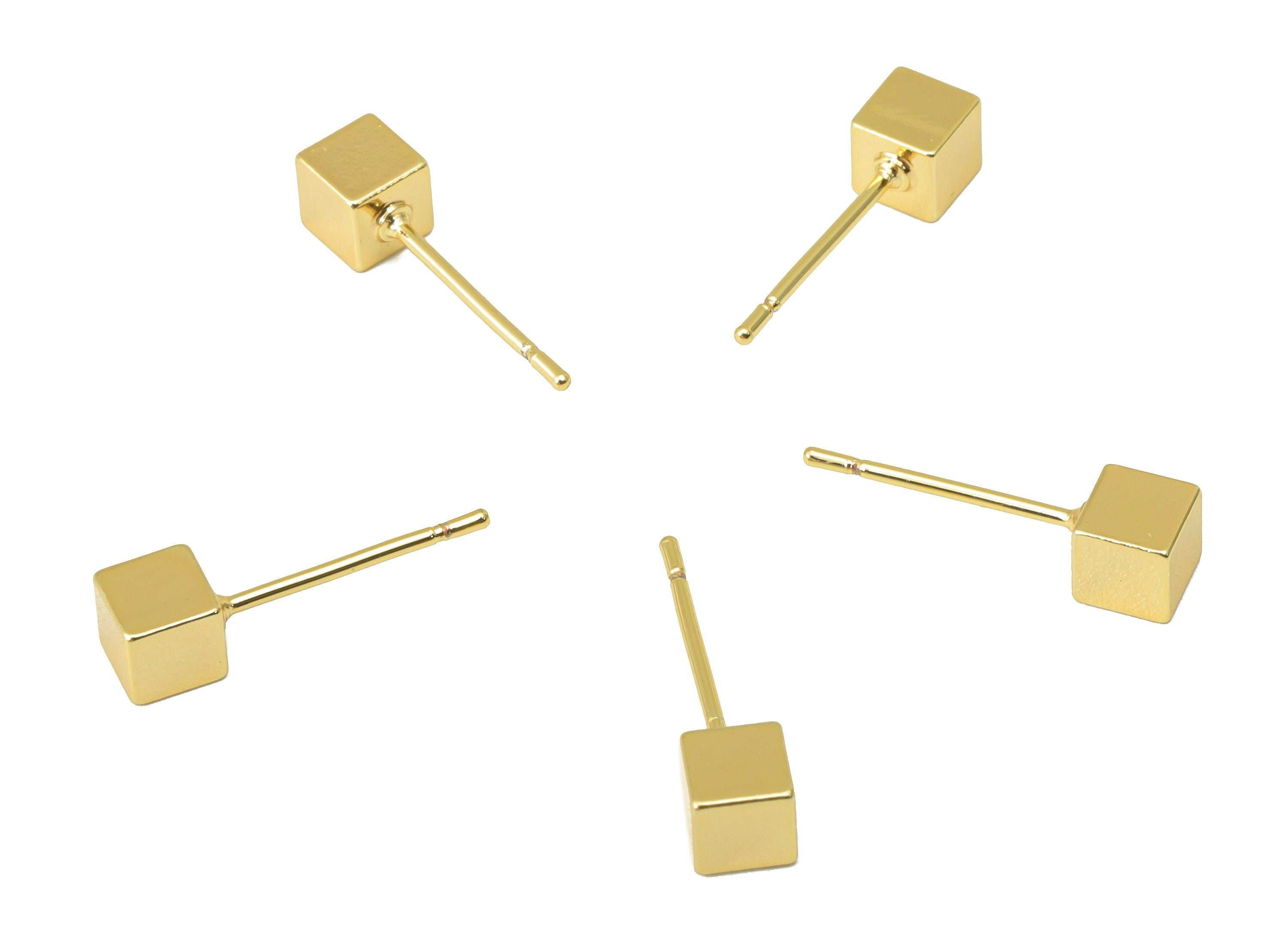 Brass Cube Earrings Stud - Brass Geometry Earring Post - Gold Cube Earring Post - 18K Real Gold Plated -4.03x4.03x4.23mm- RGP6244 - DOMEDBAZAAR