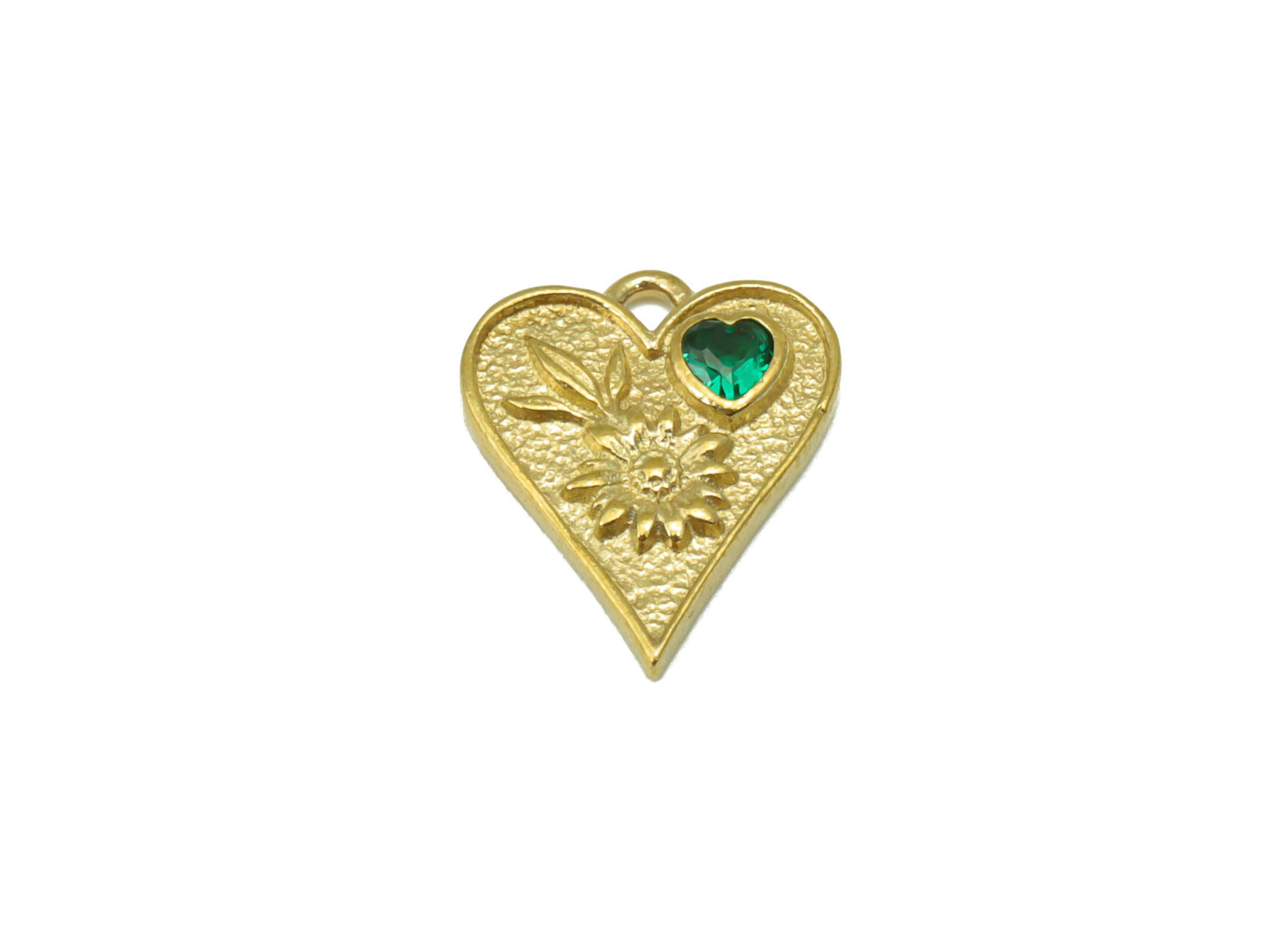 Brass Heart Earring Charm - Flower Green Heart Pendant - Botanical Hammered Heart Charm - For Necklace - 15.21 x 12.15m x 2.28mm- PP8402 - DOMEDBAZAAR