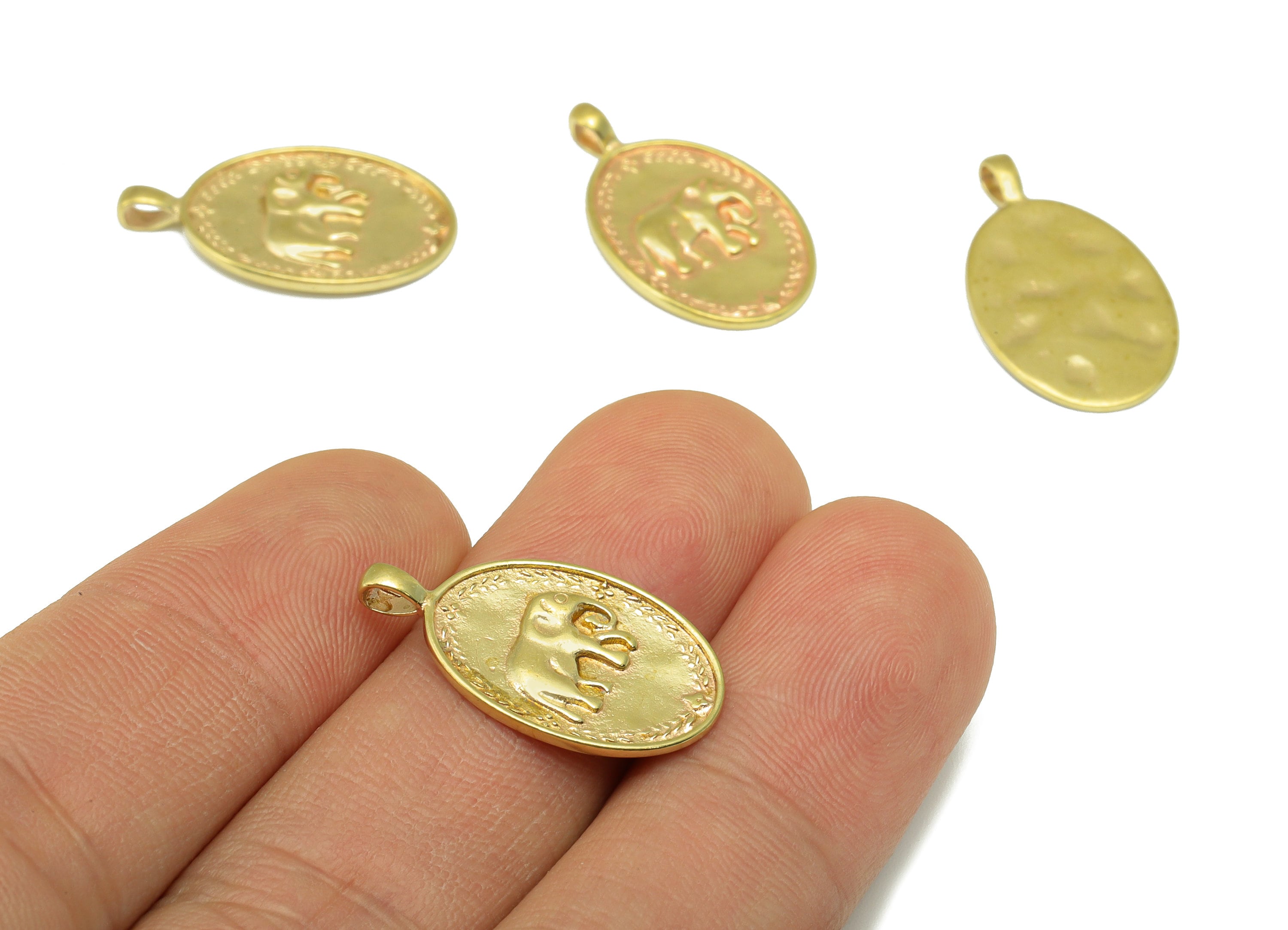 Brass Ellipse Earring - Brass Elephant Frone Oval Pendant - Brass Vintage Lace Looking Charm - For Necklace - 23.35 x 13.48 x 1.28mm- PP8508 - DOMEDBAZAAR