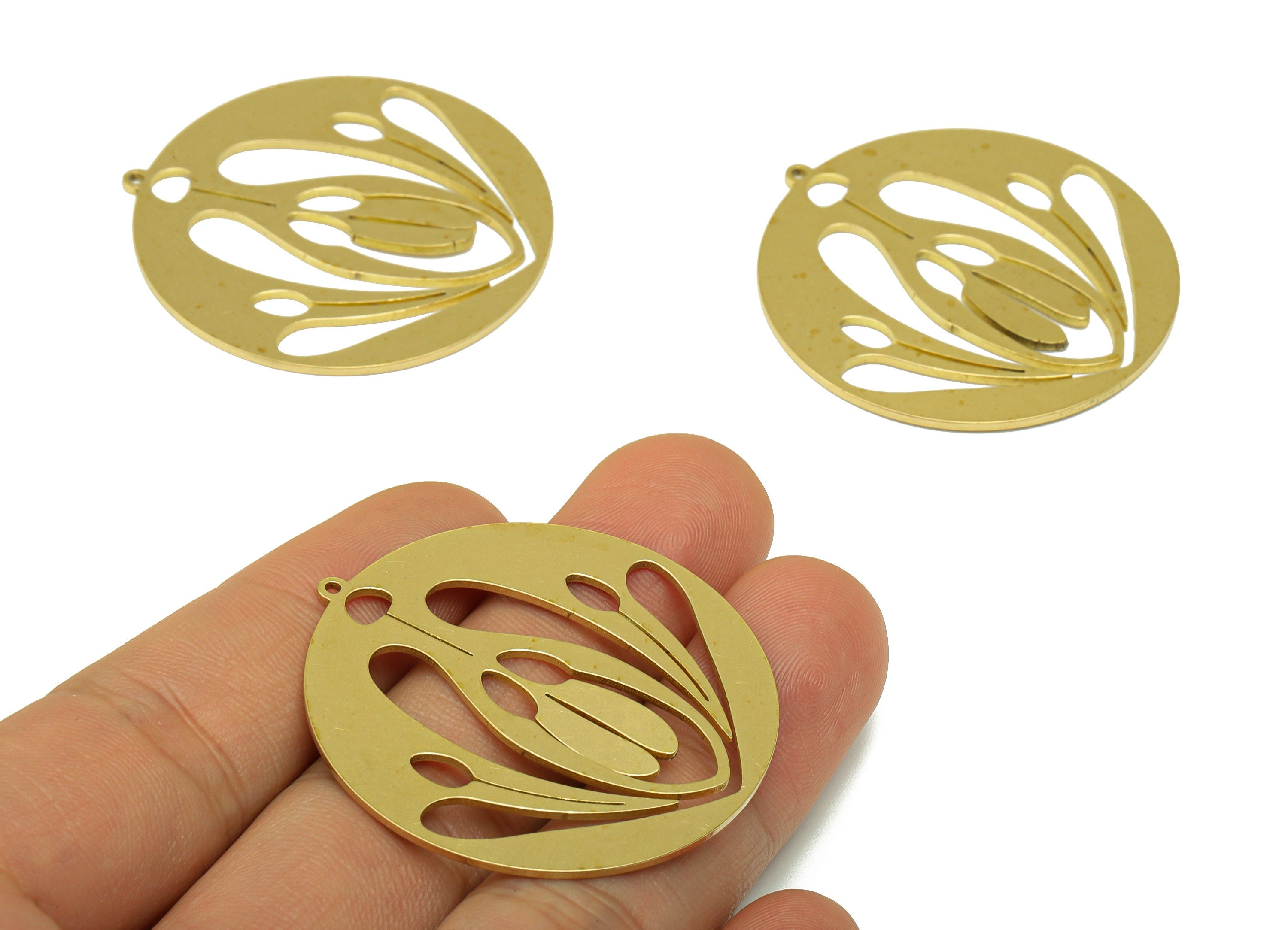 Brass Round Earring - Brass Flower Pendant - Brass Botanical Earring Charm - For Necklace -For Pendant- 41.88 x 39.81 x 1.01mm- PP8512 - DOMEDBAZAAR
