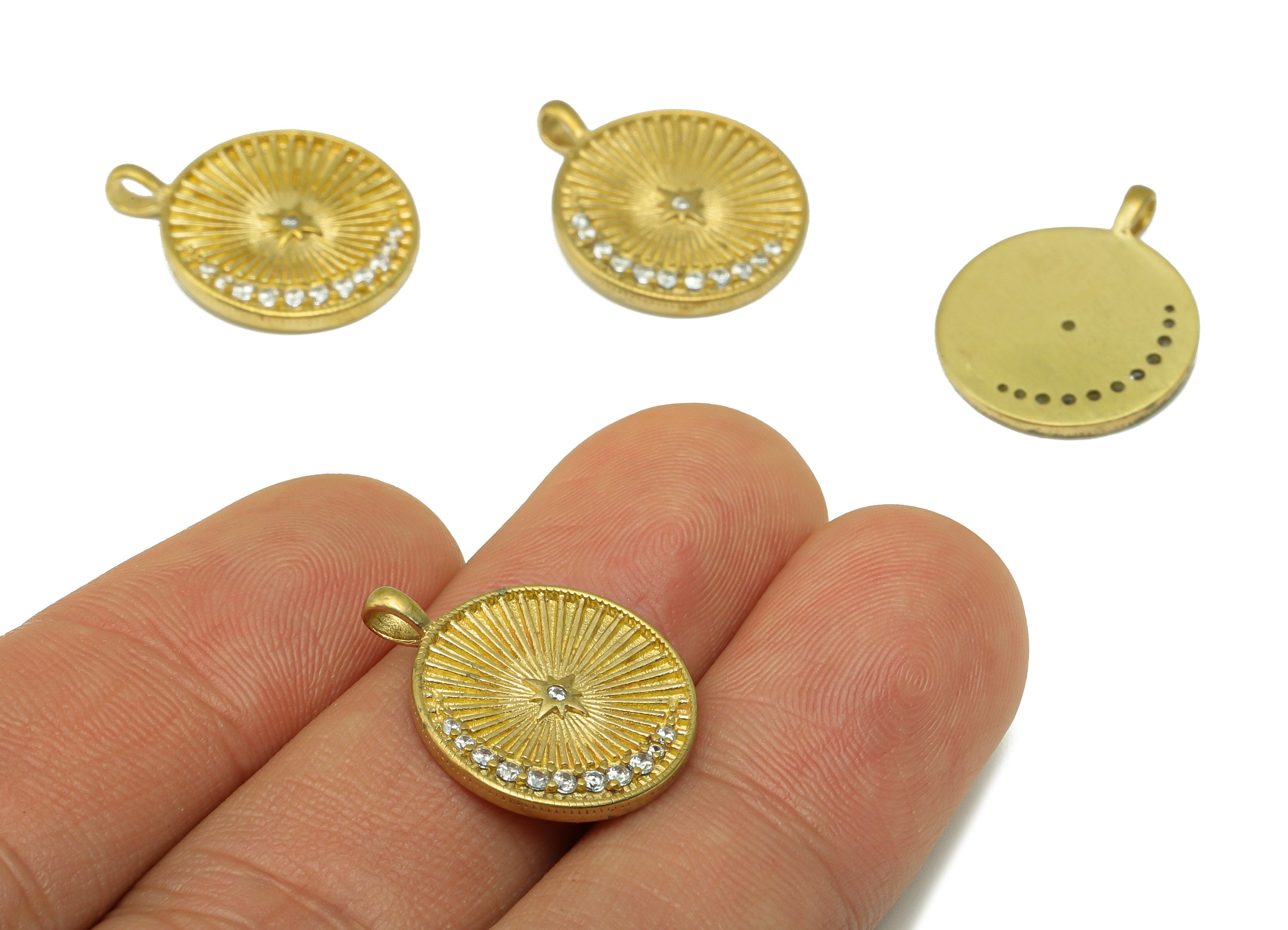 Brass Round Earring Charm - Brass Crescent CZ Charm -Cubic Zirconia Textured Star Pendant - jewelry supplies - 21.12x 16.64x1.35mm - PP8523 - DOMEDBAZAAR