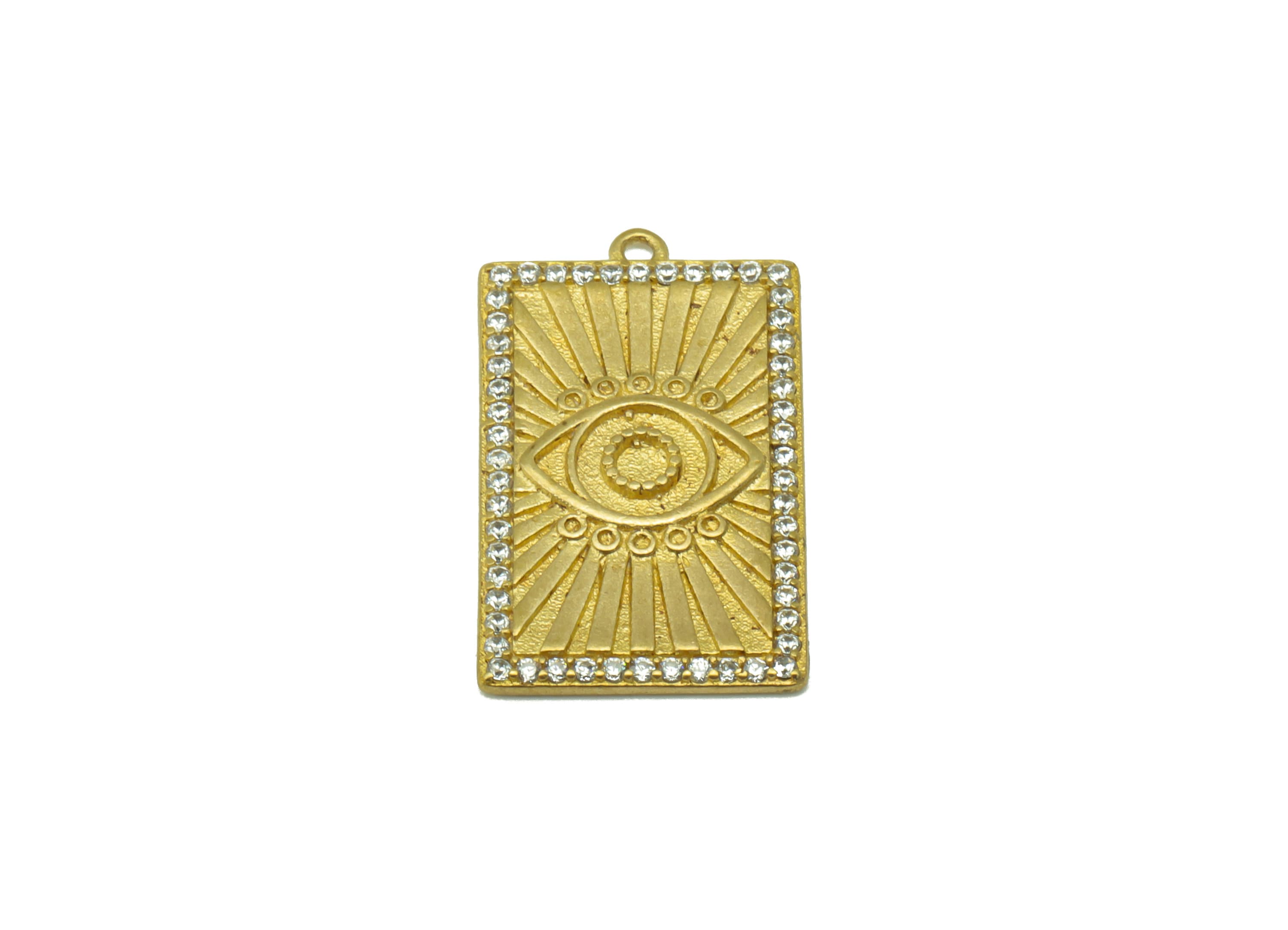 Brass Rectangle Earring Charm - Brass Eye CZ Charm -Cubic Zirconia Textured Pendant - jewelry supplies - 22.06 x 12.98 x 1.48mm - PP8524 - DOMEDBAZAAR