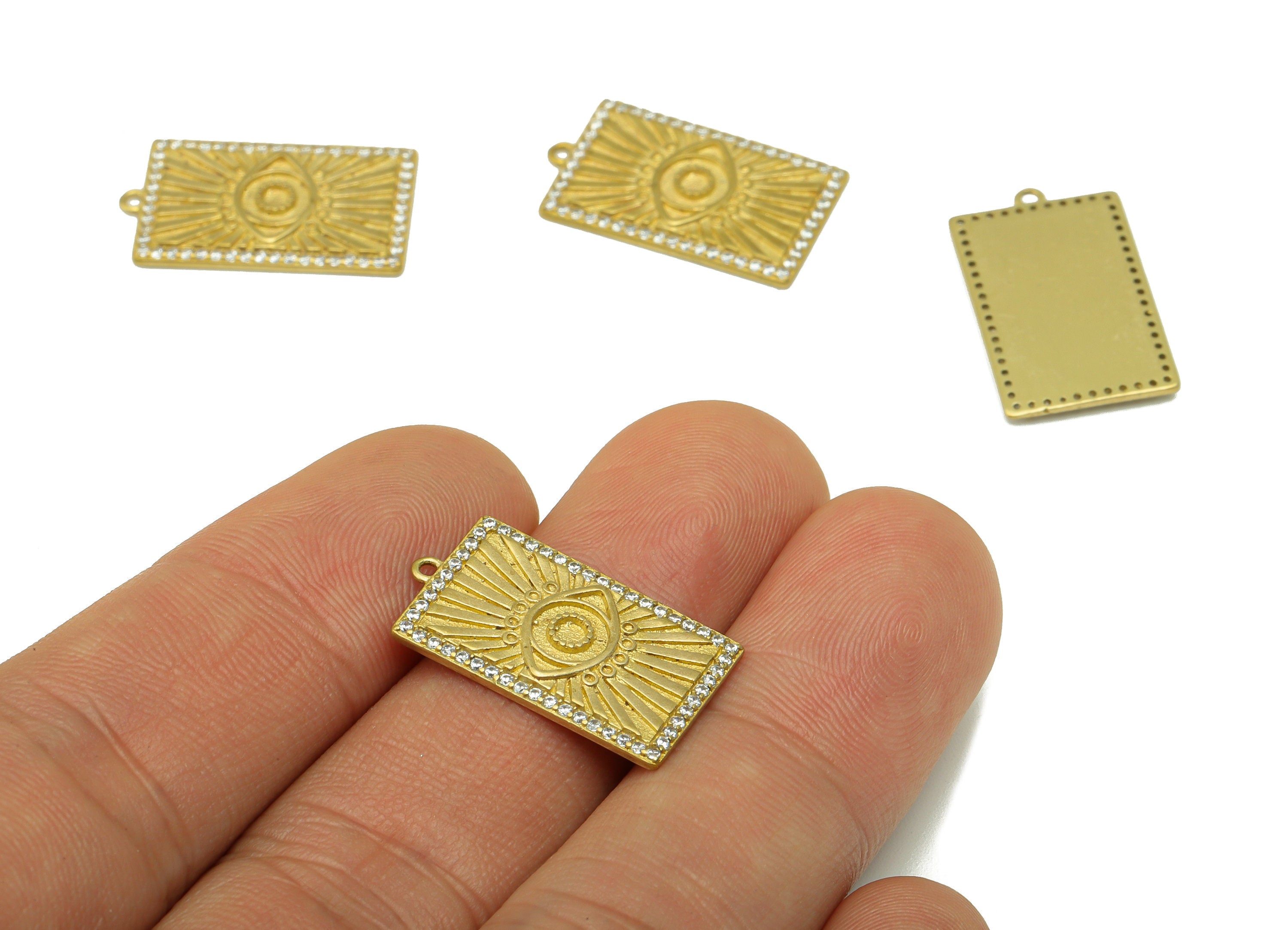 Brass Rectangle Earring Charm - Brass Eye CZ Charm -Cubic Zirconia Textured Pendant - jewelry supplies - 22.06 x 12.98 x 1.48mm - PP8524 - DOMEDBAZAAR
