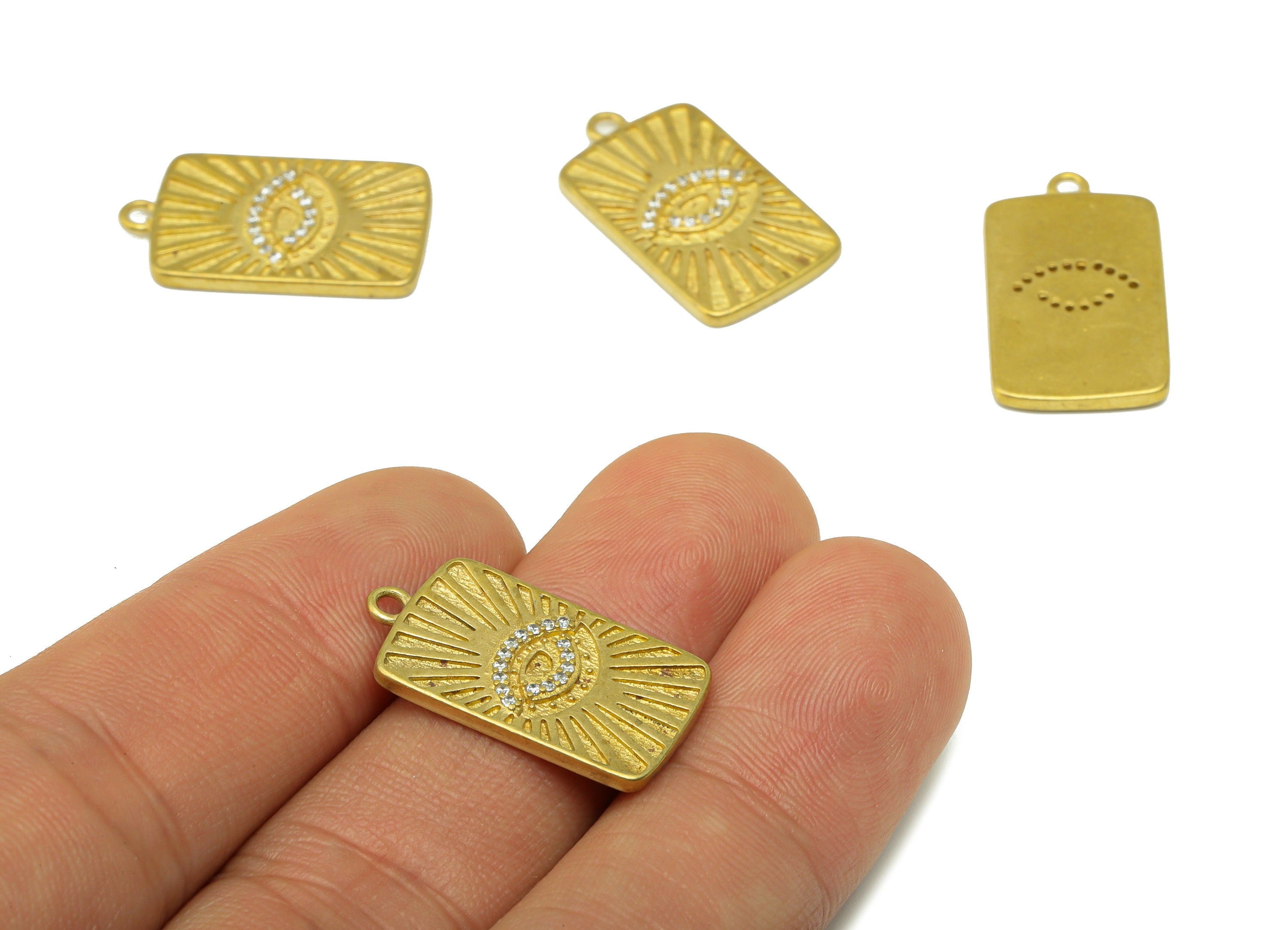 Brass Rectangle Earring Charm - Brass Eye CZ Charm -Cubic Zirconia Textured Pendant - jewelry supplies -23.42 x 13.23 x 1.92mm - PP8526 - DOMEDBAZAAR