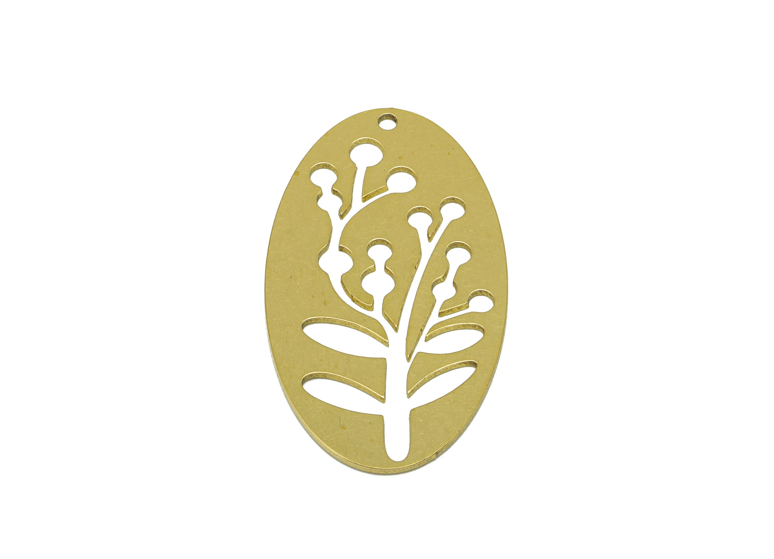 Brass Ellipse Earring Charm - Brass Flower Charm - Botanical Leaf Brass Pendant - jewelry supplies - 35.82 x 19.93 x 0.7mm - PP8544 - DOMEDBAZAAR