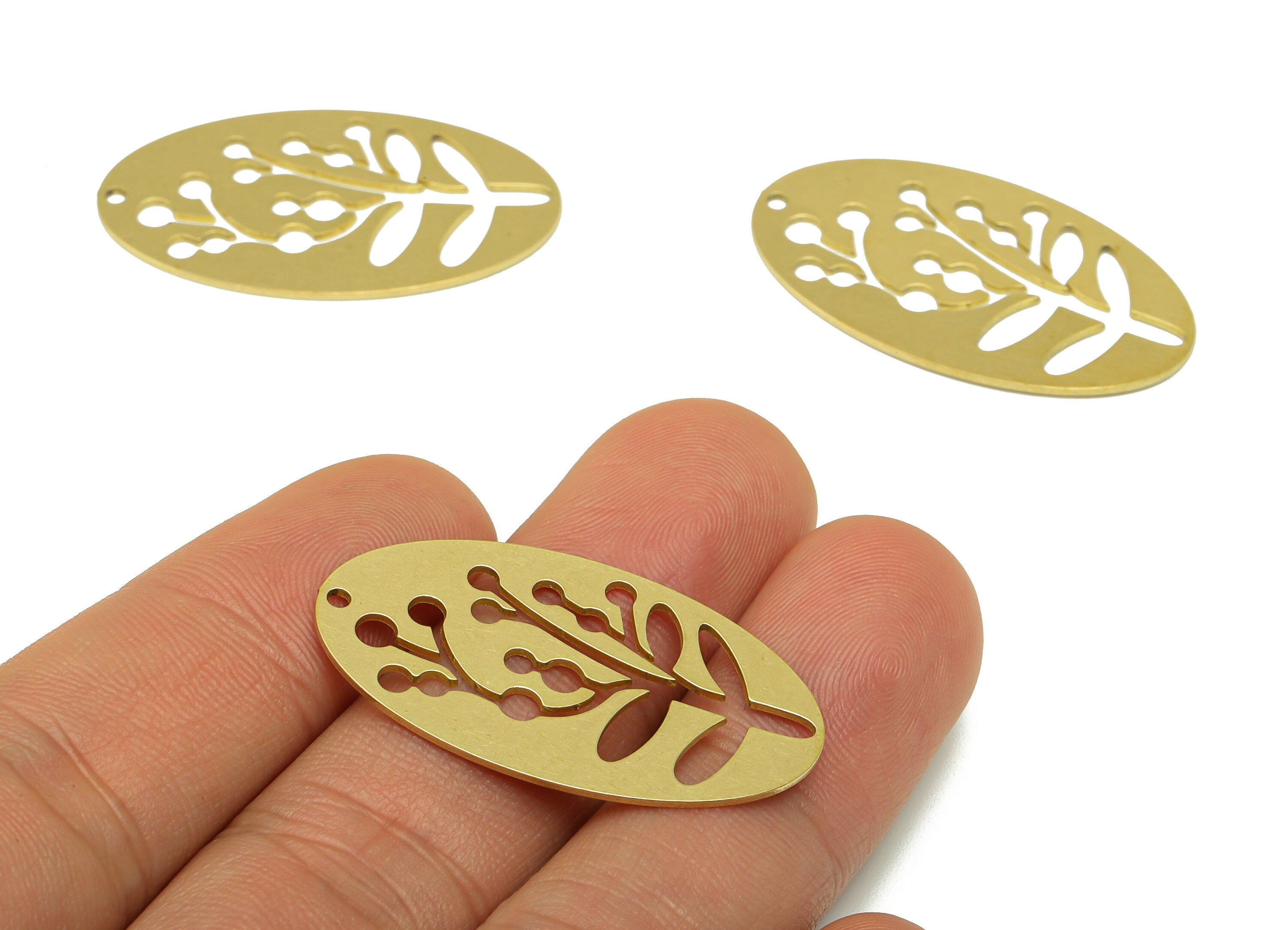 Brass Ellipse Earring Charm - Brass Flower Charm - Botanical Leaf Brass Pendant - jewelry supplies - 35.82 x 19.93 x 0.7mm - PP8544 - DOMEDBAZAAR