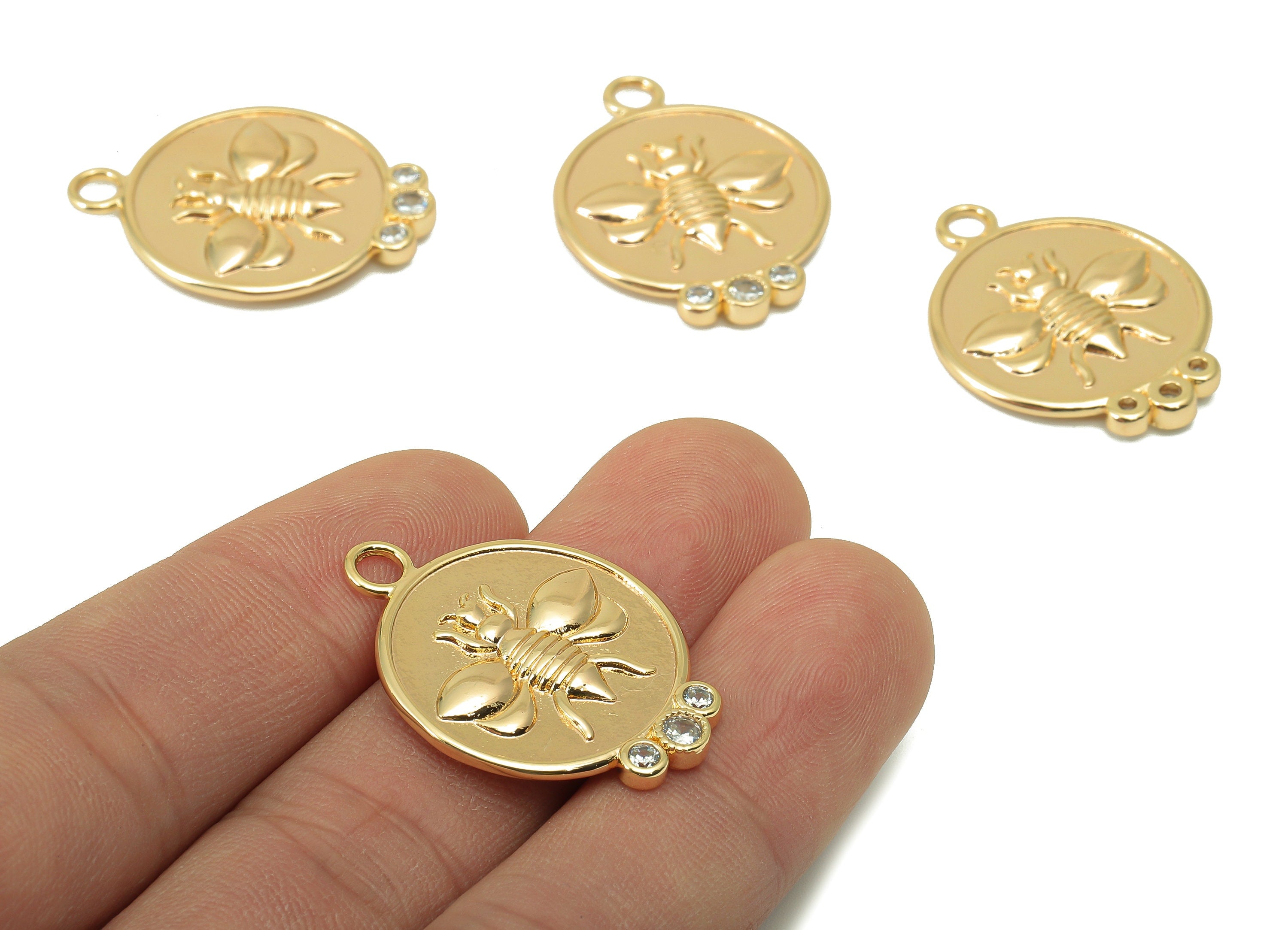 Brass Round Earring Charm - Brass Bee CZ Charm - Textured Animal Cubic Zirconia Pendant - 18K Real Gold Plated - 31x 22.81 x 2.64mm- RGP5950 - DOMEDBAZAAR