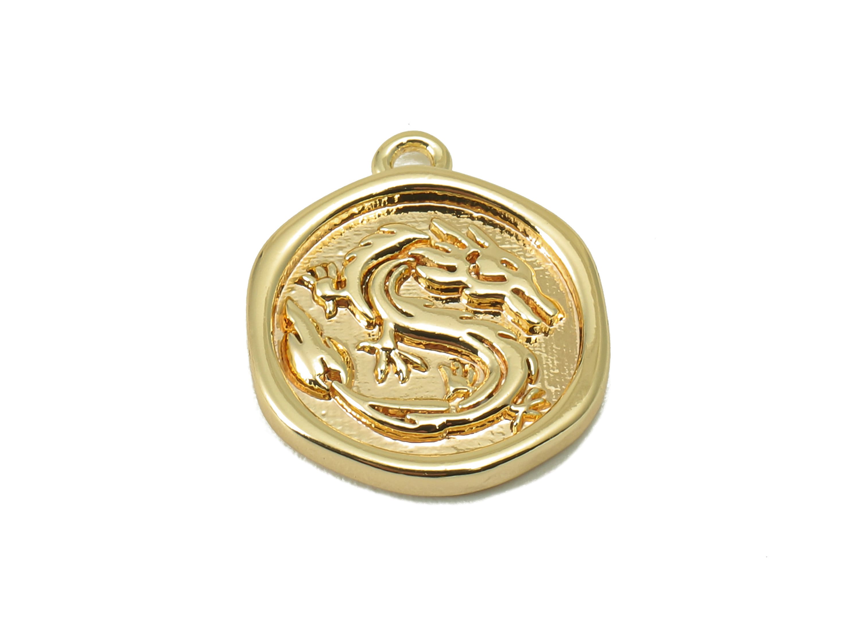 Brass Round Earring Charm - Brass Dragon Charm - Textured Animal Pendant - 18K Real Gold Plated - 16.46 x 13.91 x 1.9mm- RGP5954 - DOMEDBAZAAR