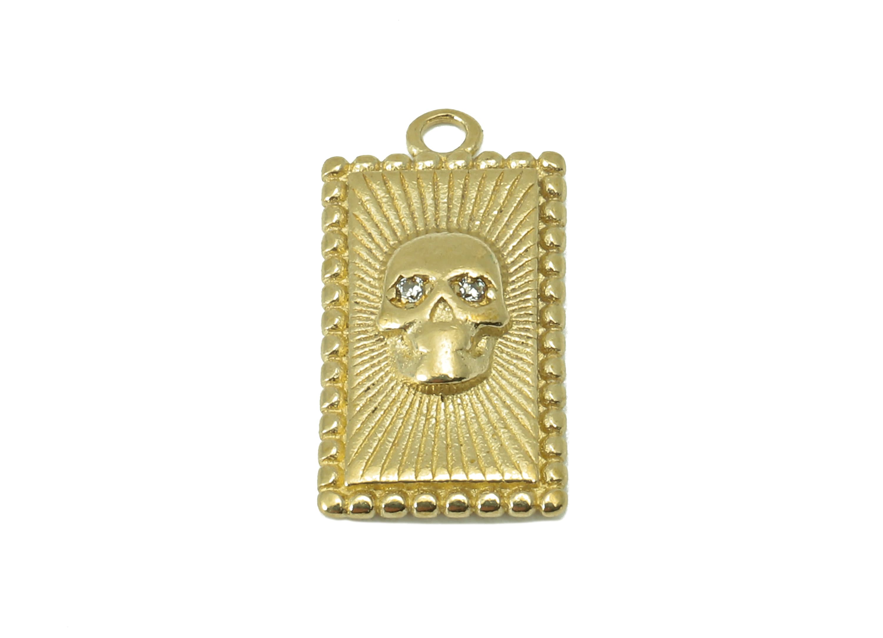 Brass Rectangular Earring Charm - Brass Cubic Zircon Skull Pendant - Textured Rectangle Necklace- Jewelry Making-16 x 8 x 2.56mm-PP8330 - DOMEDBAZAAR