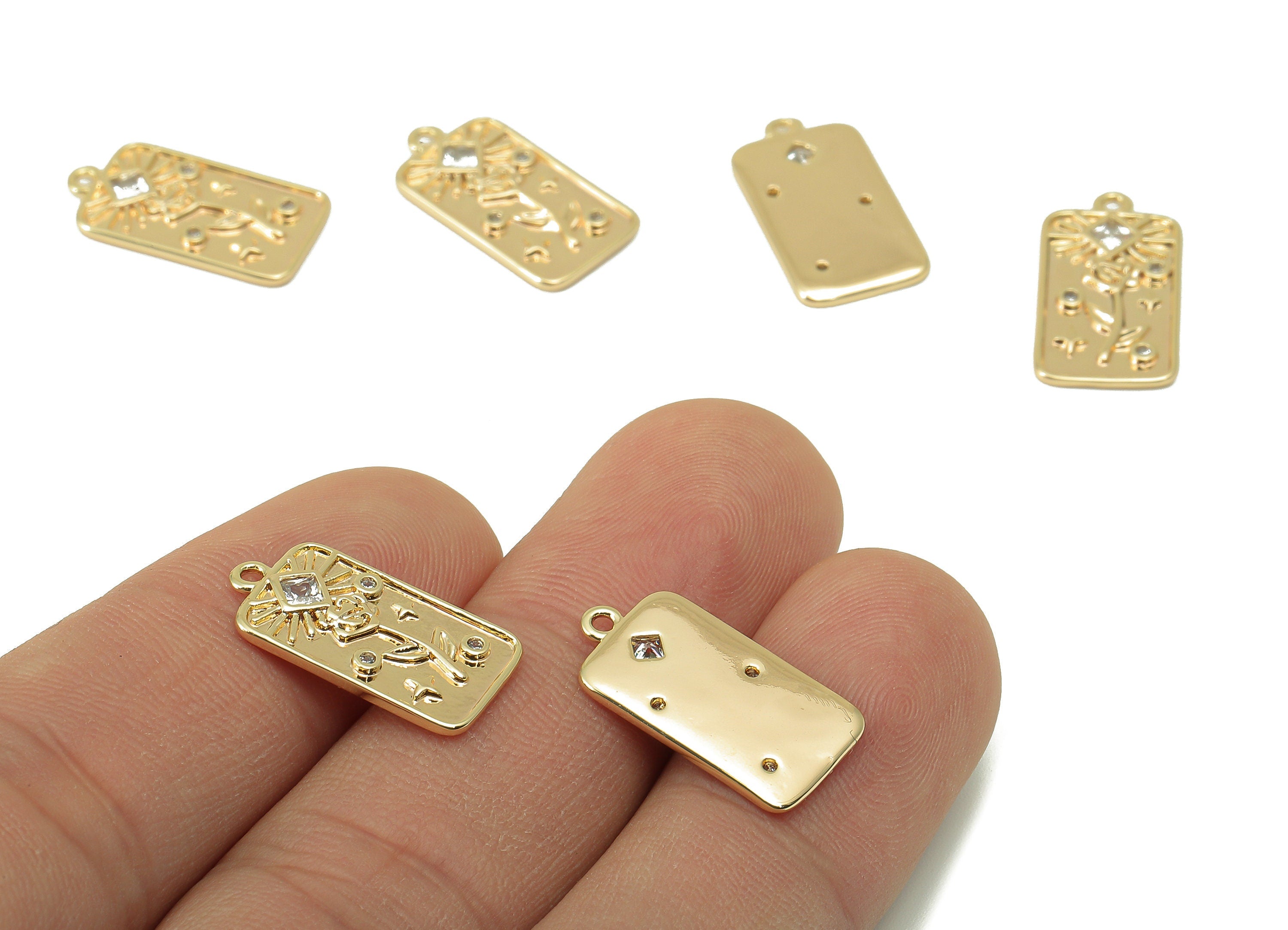Brass Rectangle Earring Charm - Flower Princess CZ Charm - Textured Cubic Zirconia Pendant - 18K Real Gold Plated - 19x9.95x 1.55mm- RGP5955 - DOMEDBAZAAR