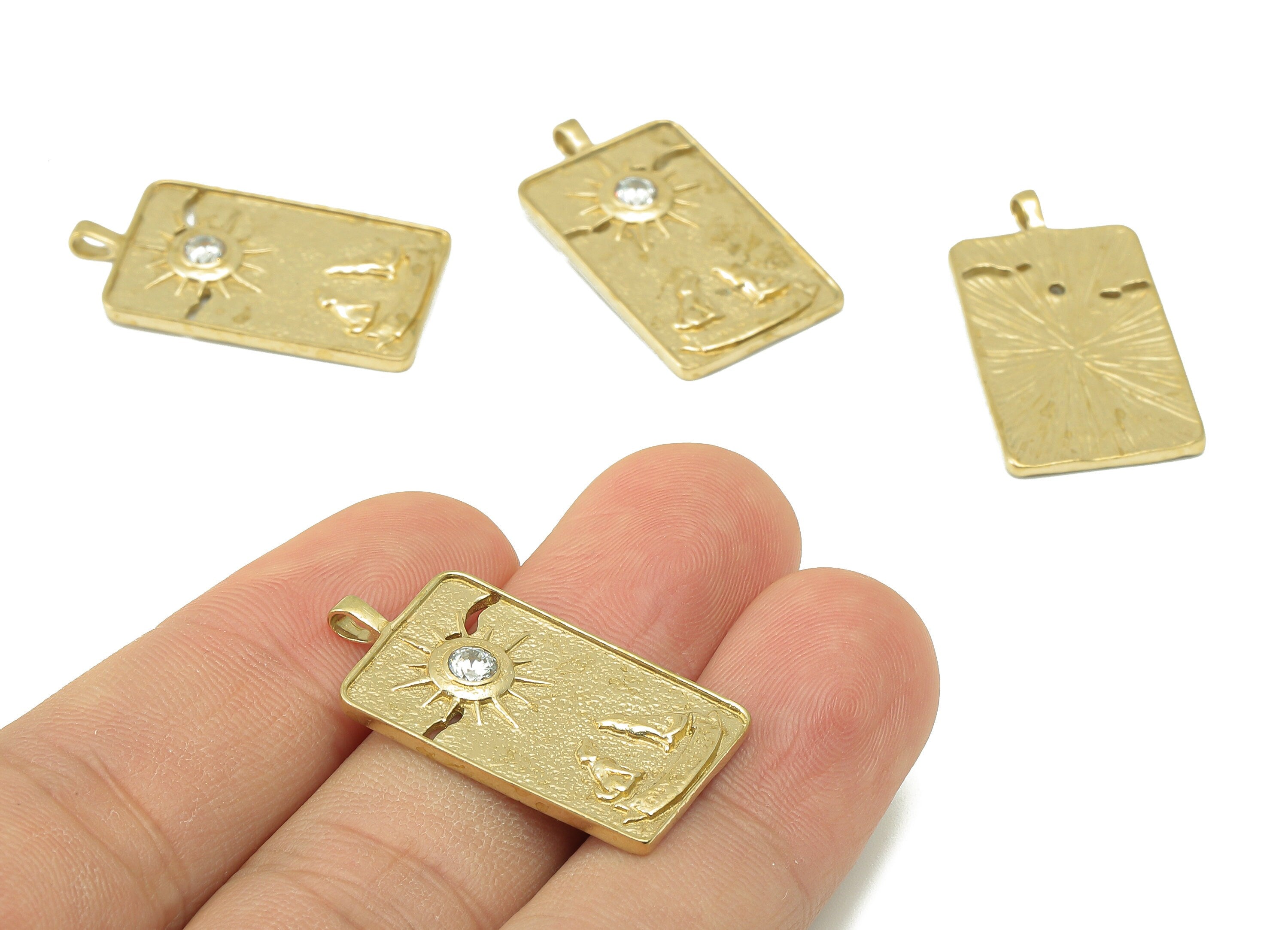 Brass Rectangular Earring Charm-Raw Brass Vintage Tarot Cards Pendant-Cubic Zircon-Sunshine Charm-For Necklaces-30x 16x 2.5mm-PP8319 - DOMEDBAZAAR