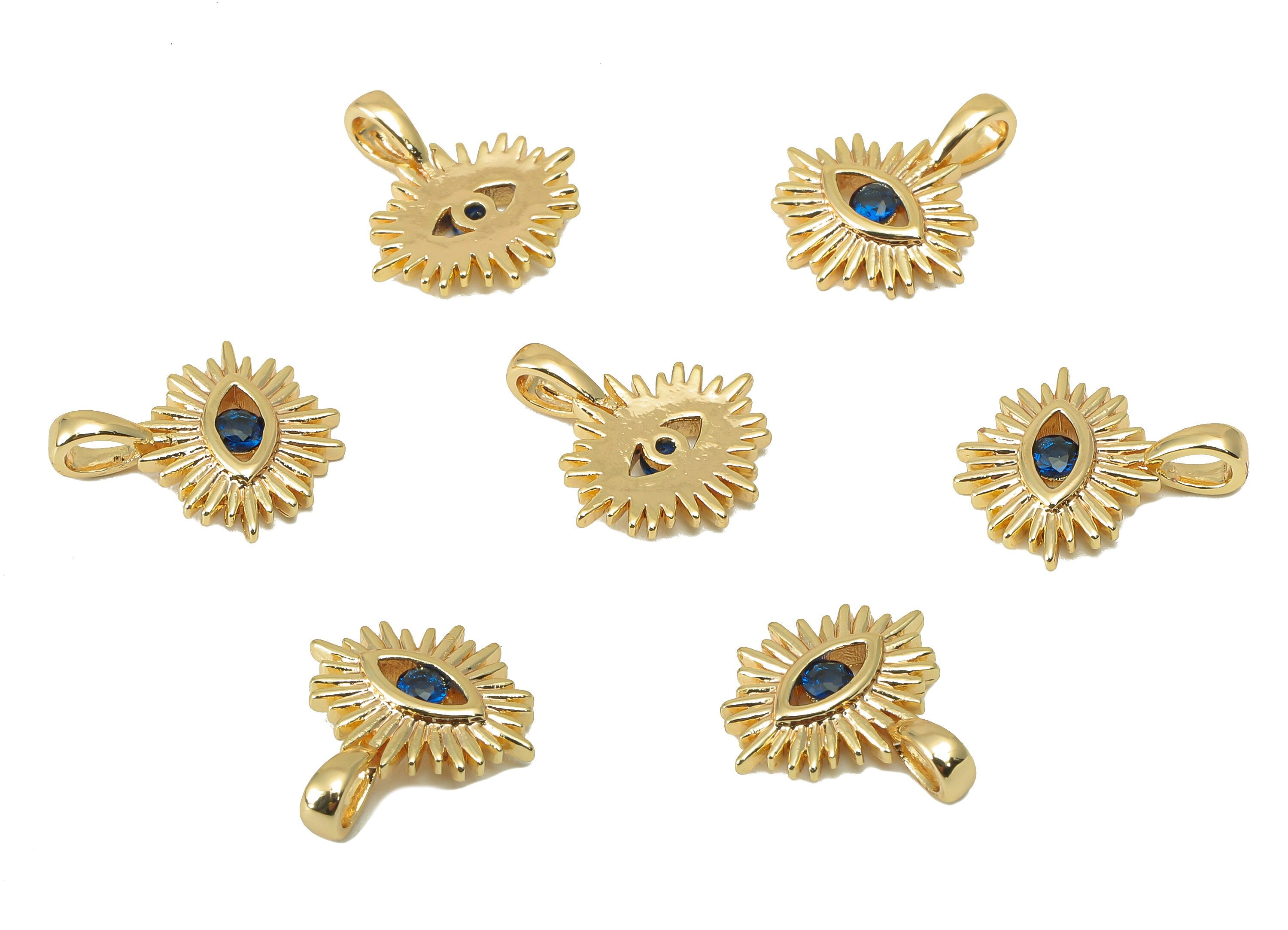 Brass Sun Eye Earring Charm - Sun Eye CZ Charm - Blue Cubic Zirconia Pendant - For Necklace -18K Real Gold Plated - 14x12.96x1.86mm- RGP5957 - DOMEDBAZAAR