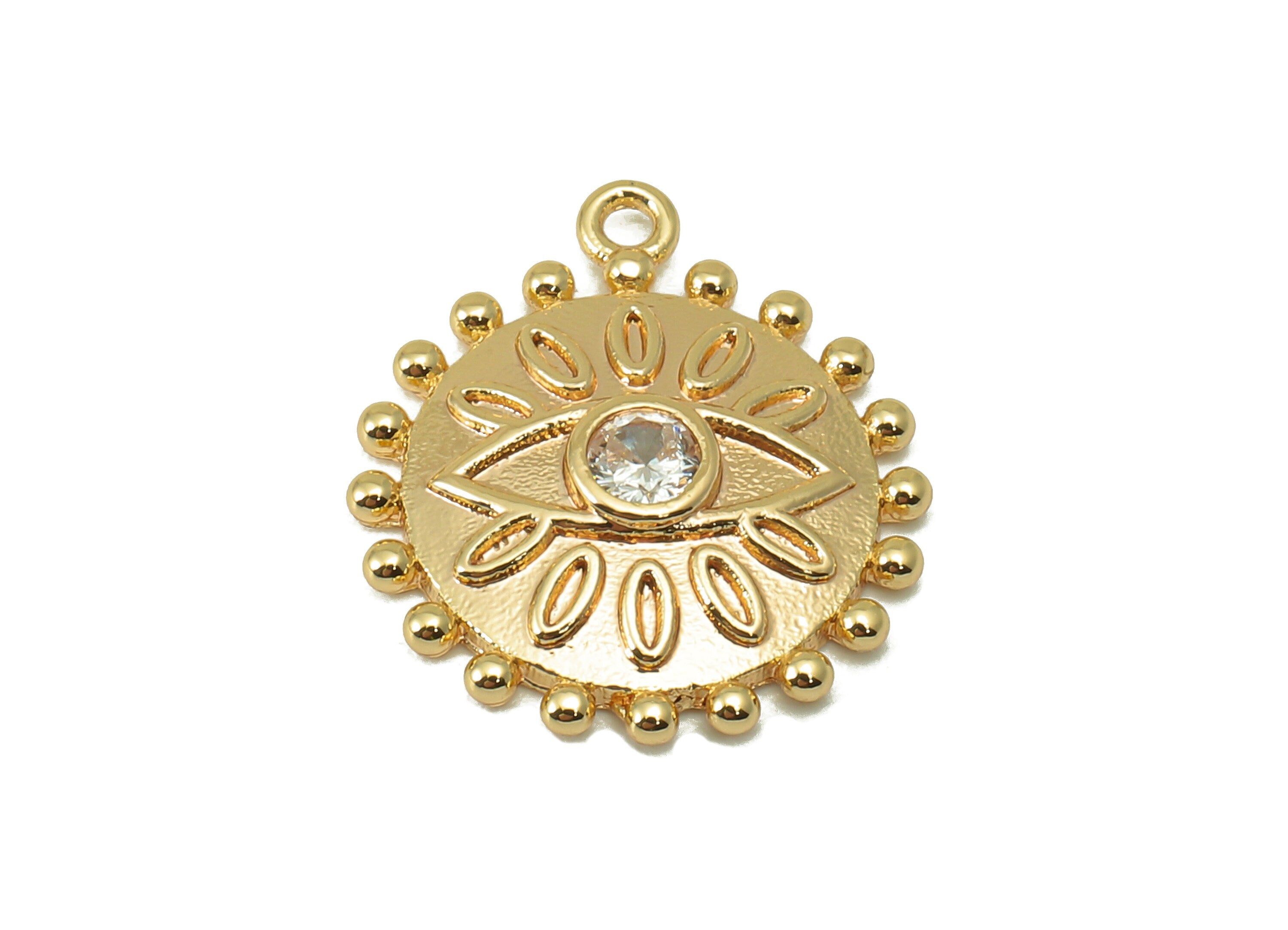 Brass Round Earring Charm - Brass Eye CZ Charm - Brass Cubic Zirconia Pendant - 18K Real Gold Plated - 17.12 x 15.1 x 2.64mm - RGP5961 - DOMEDBAZAAR