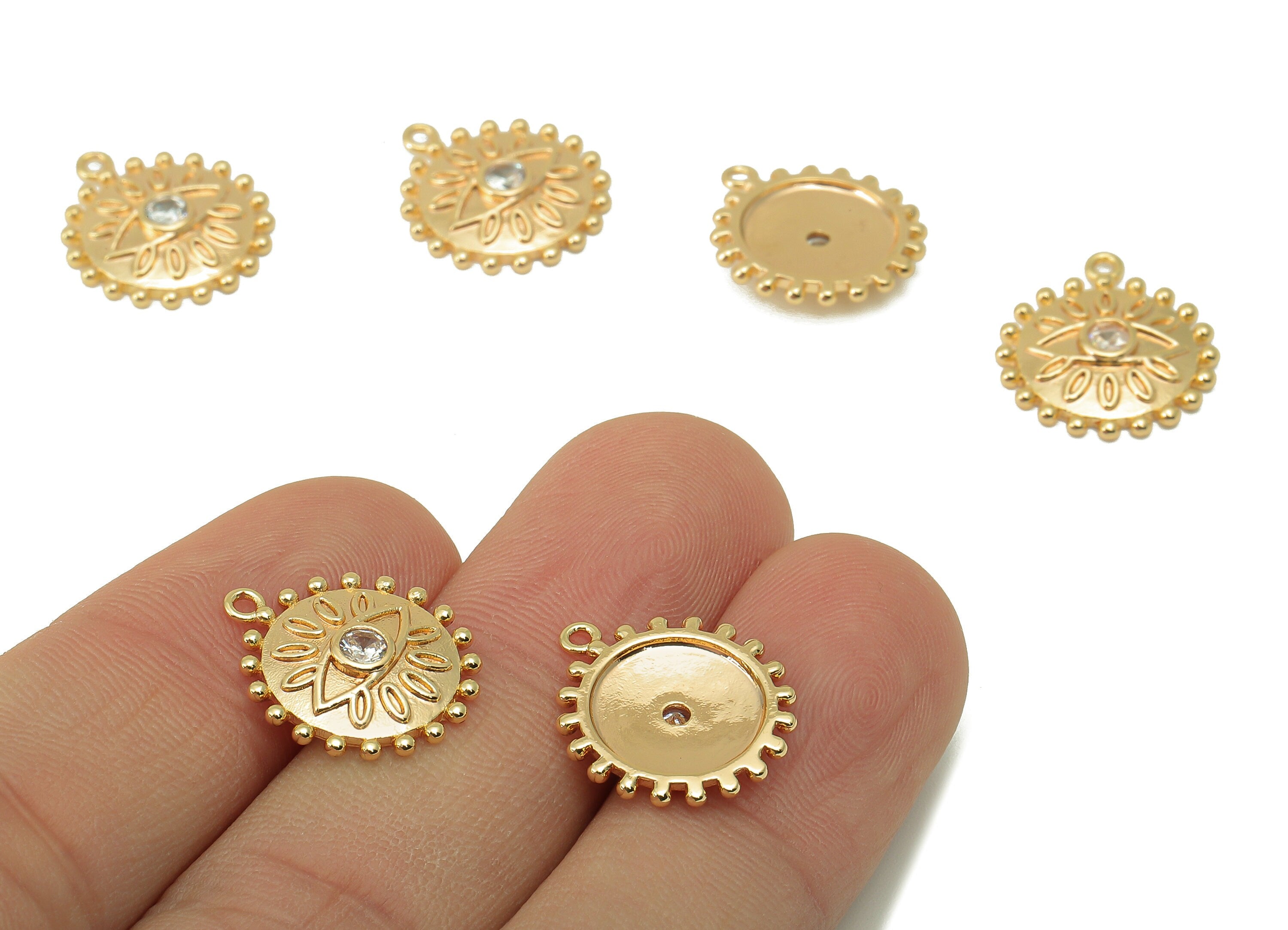 Brass Round Earring Charm - Brass Eye CZ Charm - Brass Cubic Zirconia Pendant - 18K Real Gold Plated - 17.12 x 15.1 x 2.64mm - RGP5961 - DOMEDBAZAAR