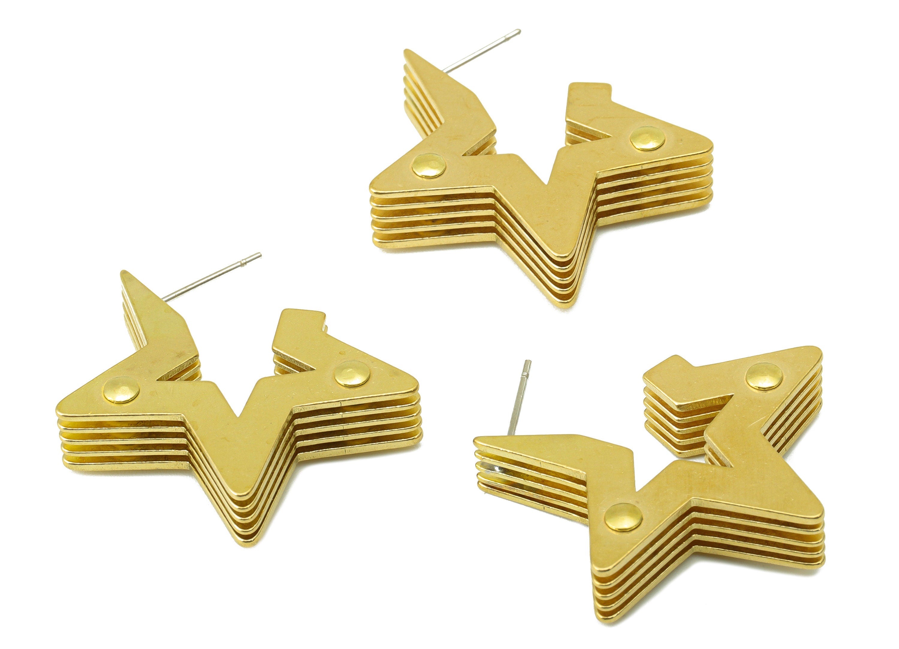 Brass Five layers Star Earring Stud – Raw Brass Stack Geometry Post -Cubic Notch Stud - Earring Post -Jewelry Supplies - 30x30x8mm -PP8482 - DOMEDBAZAAR