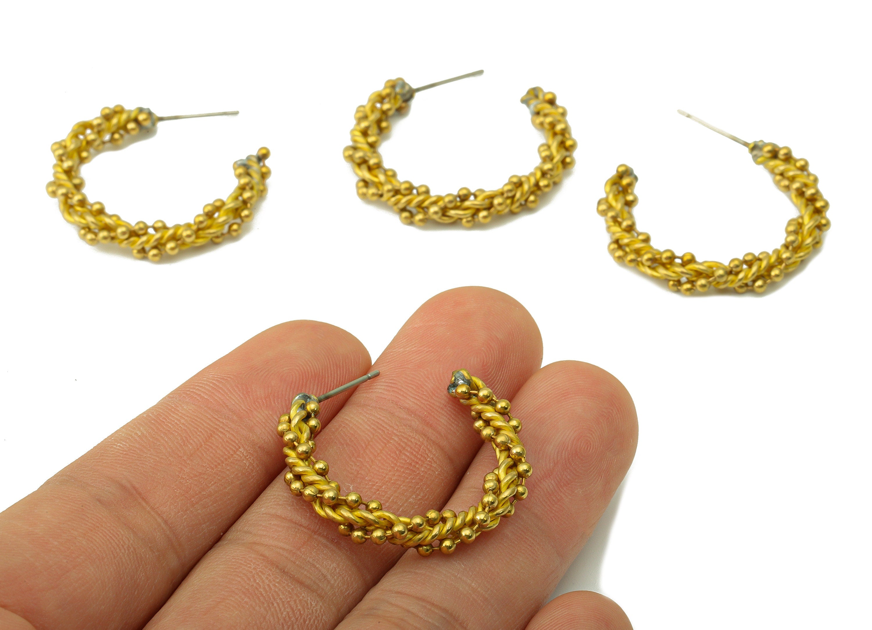 Brass Ball Chain Earring Stud -Raw Brass Twisted Earring Hoop -Twisted Wire Bead Earring - Earring Post -Jewelry Supplies -32x30x5mm -PP8493 - DOMEDBAZAAR