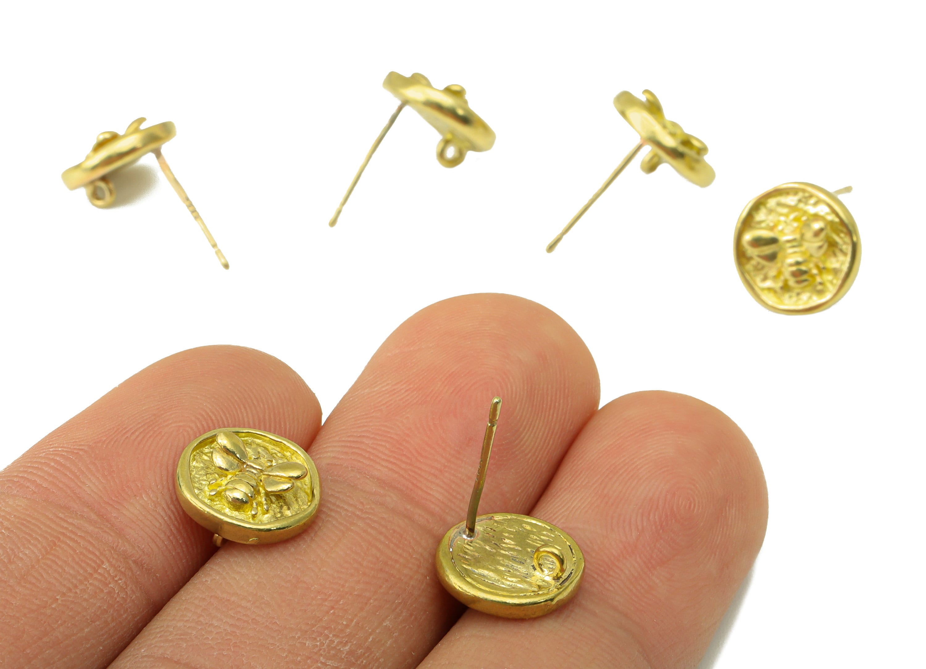 Brass Round Bee Earring Stud - Raw Brass Insect Stud - Hammered Bee Stud with  Loop - Bee Earring Post -Jewelry Supplies- 10x10x3.3mm-PP8449 - DOMEDBAZAAR