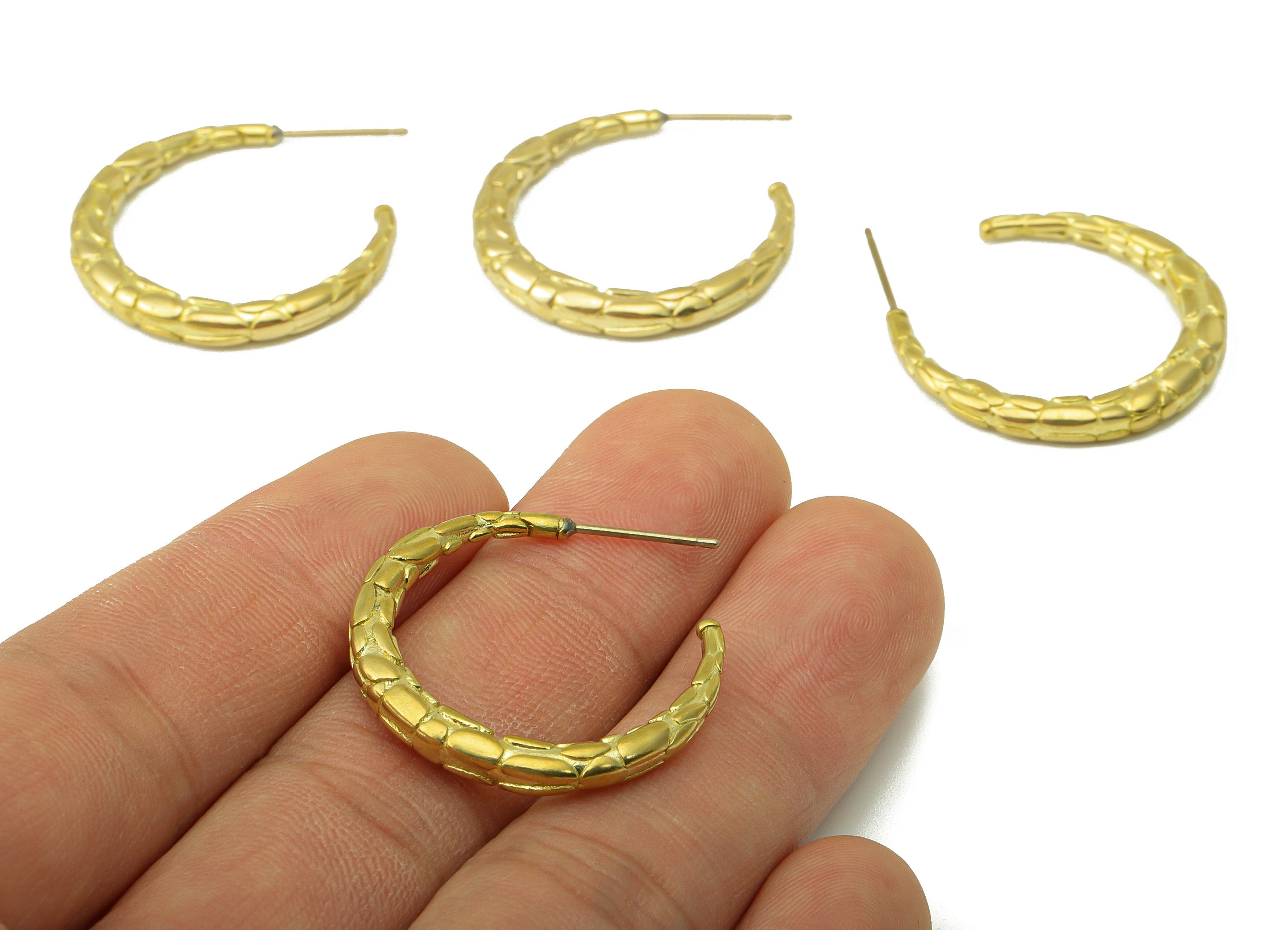 Brass Hoop Earring Stud - Raw Brass Snake Pattern Hoop Earring - C Hoop Stud - Earring Post - Jewelry Supplies - 31.67x27.6x3.77mm-PP8415 - DOMEDBAZAAR