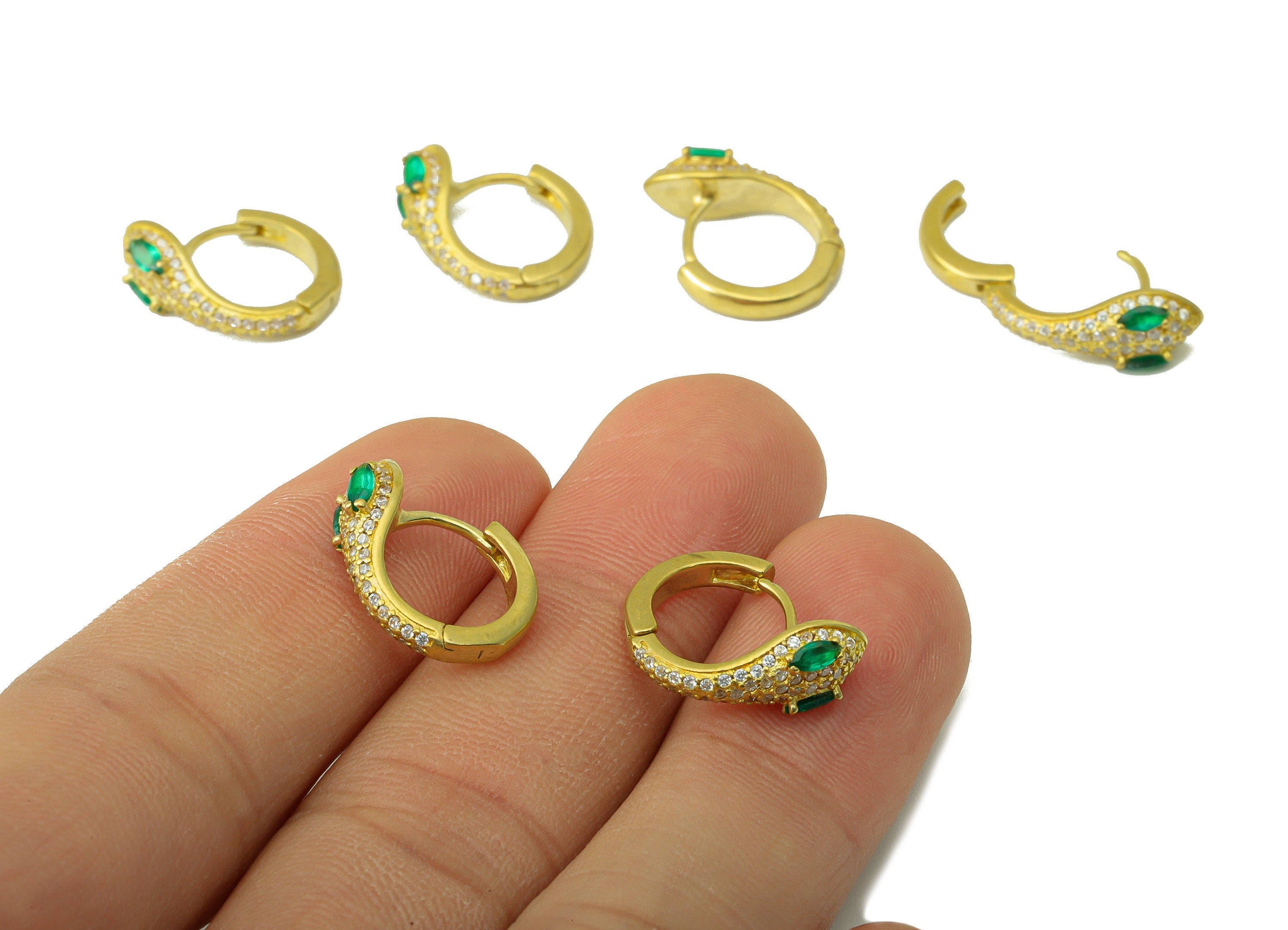 Brass Snake Pattern Clasp - Raw Brass Green CZ Eye Snake Earring Clasp - Cubic Zircon Huggie Hoop -Jewelry Supplies - 15x16x2.44mm - PP8414 - DOMEDBAZAAR
