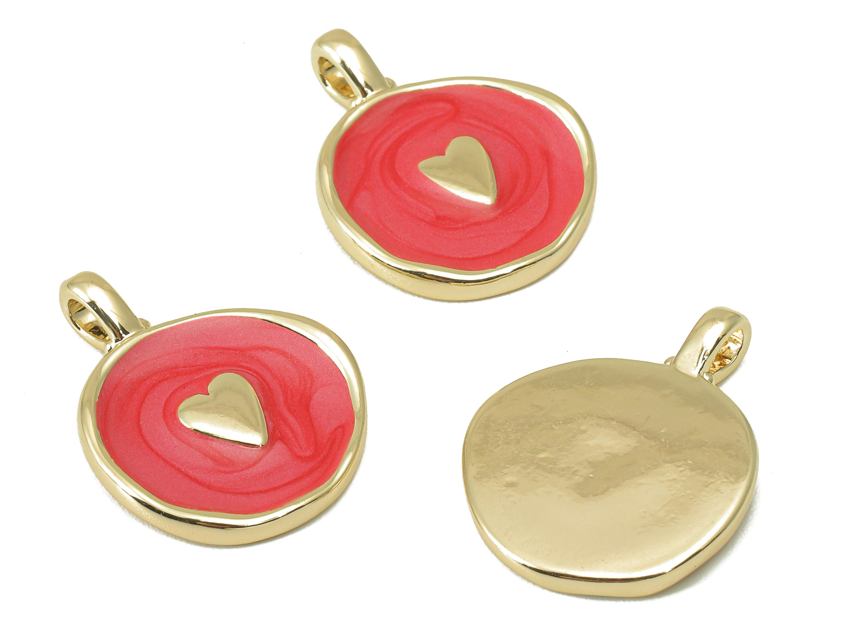Brass Heart Earring Charm - Brass Red Enamel Heart Charm - Mini Heart Round Pendant -DIY Finding - 18K Real Gold Plated - 20x15x2mm- RGP5969 - DOMEDBAZAAR