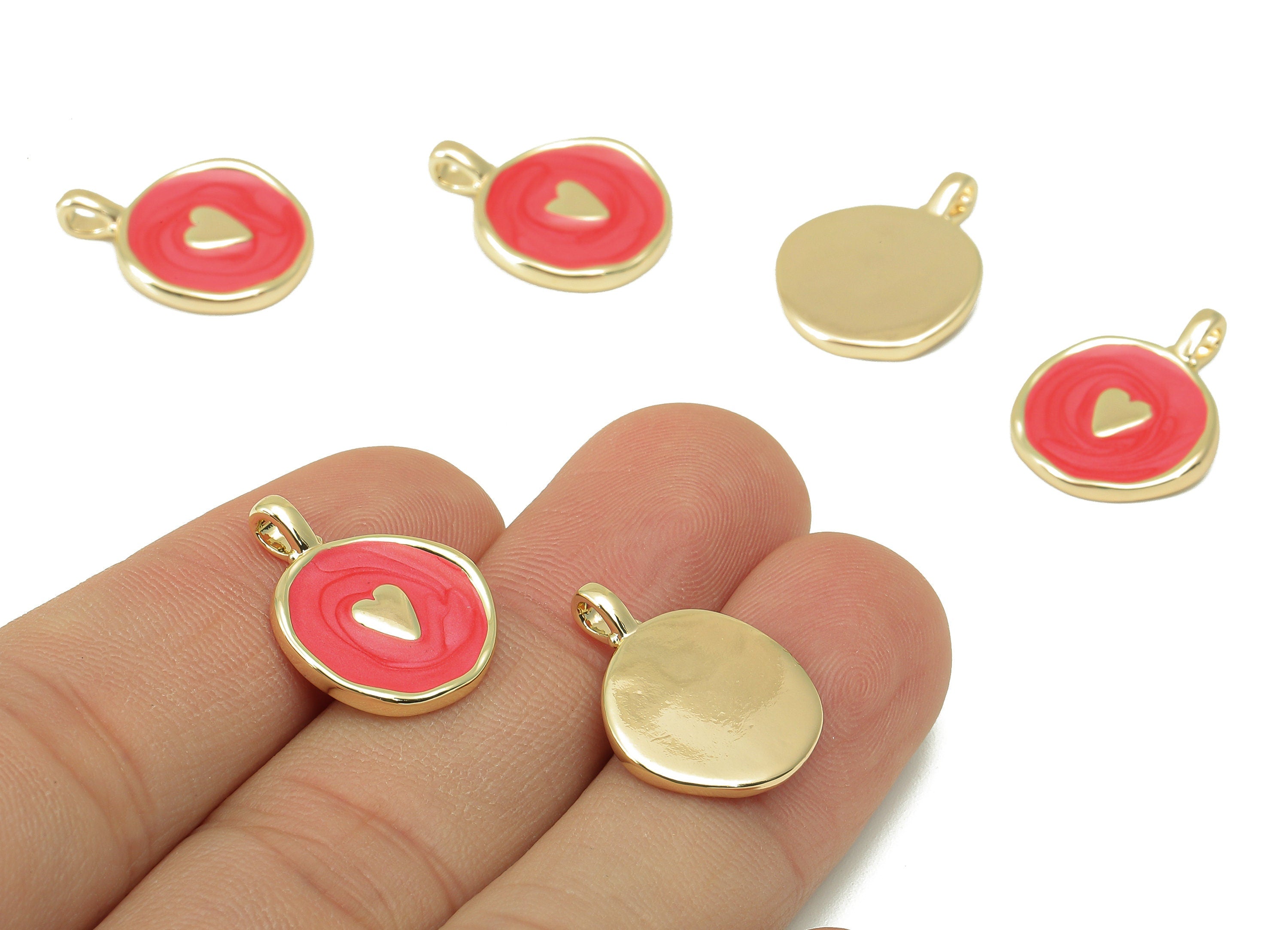 Brass Heart Earring Charm - Brass Red Enamel Heart Charm - Mini Heart Round Pendant -DIY Finding - 18K Real Gold Plated - 20x15x2mm- RGP5969 - DOMEDBAZAAR