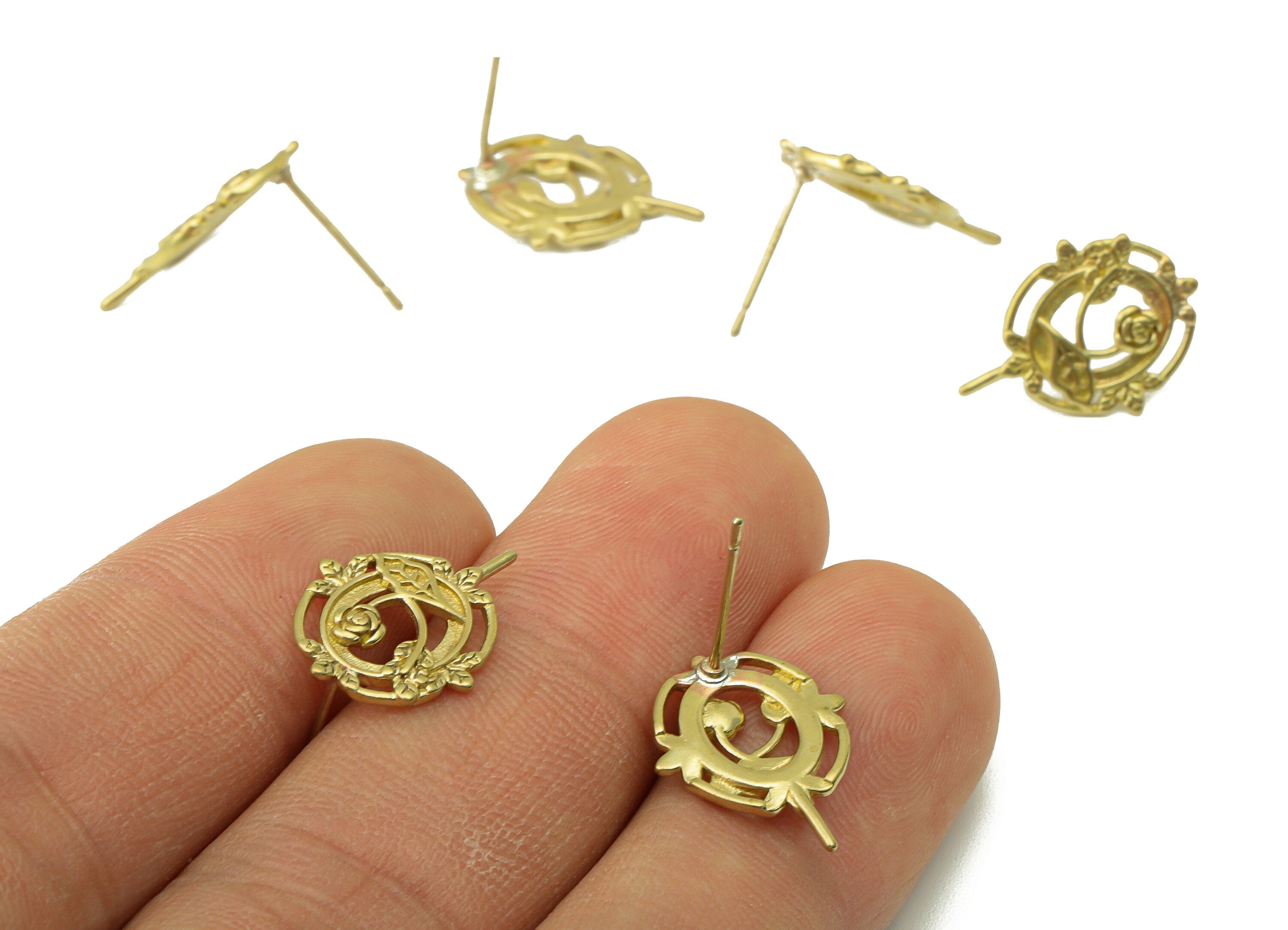 Brass Oval Rose Pattern Post - Raw Brass Rose Stud Earring - Fan With Roses Earring Post -Jewelry Supplies - 17.4x12.8x1.7mm - PP8479 - DOMEDBAZAAR