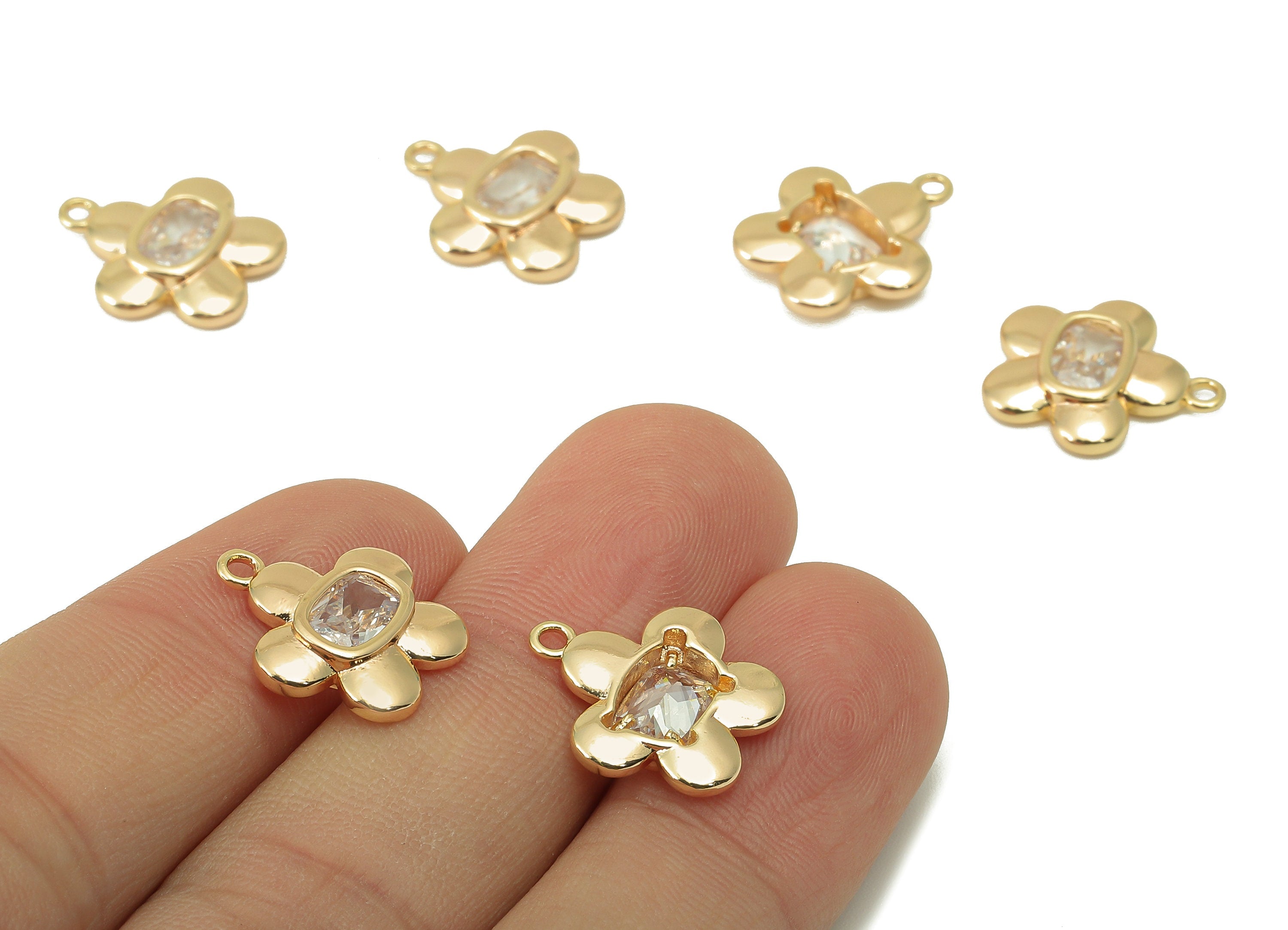 Brass Flower Earring Charm - Brass Cubic Zirconia Petal Charm - Brass Botanical CZ Pendant - 18K Real Gold Plated - 16.33x14.25x3mm- RGP5976 - DOMEDBAZAAR