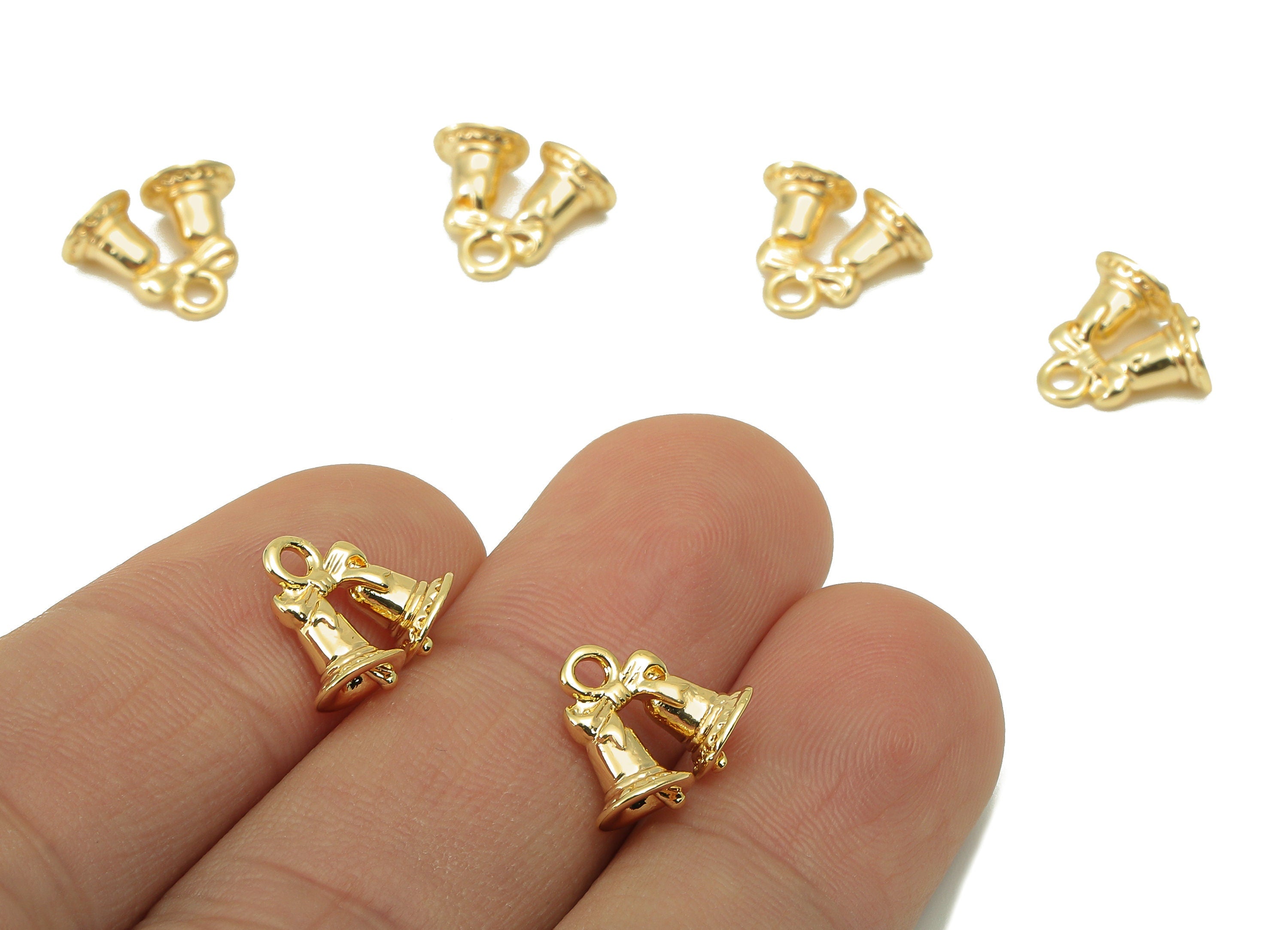 Brass Bell Earring Charm - Brass Butterfly Bow Ring Charm - Brass Double Bell Pendant - 18K Real Gold Plated - 10.88x12.78x 2.98mm- RGP5978 - DOMEDBAZAAR
