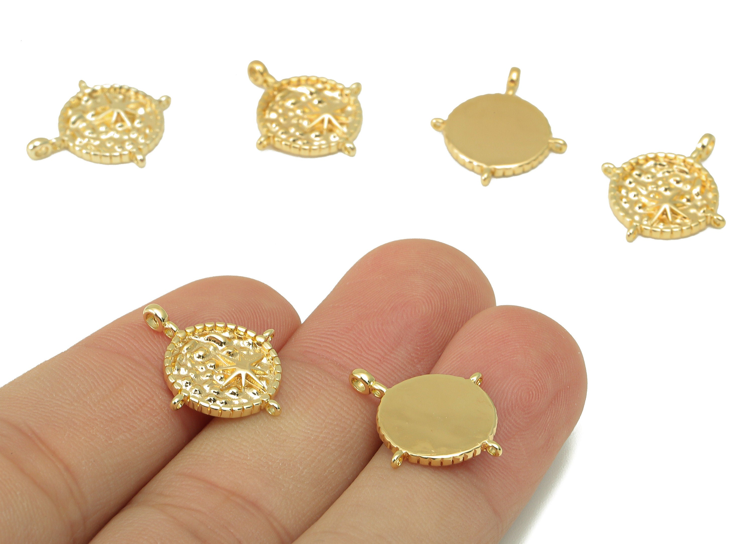 Brass Round Earring Charm - Brass Dot North Star Charm - Star With 3 Hoop Pendant - For Necklace - 18K Real Gold Plated -20x17x2mm- RGP6007 - DOMEDBAZAAR