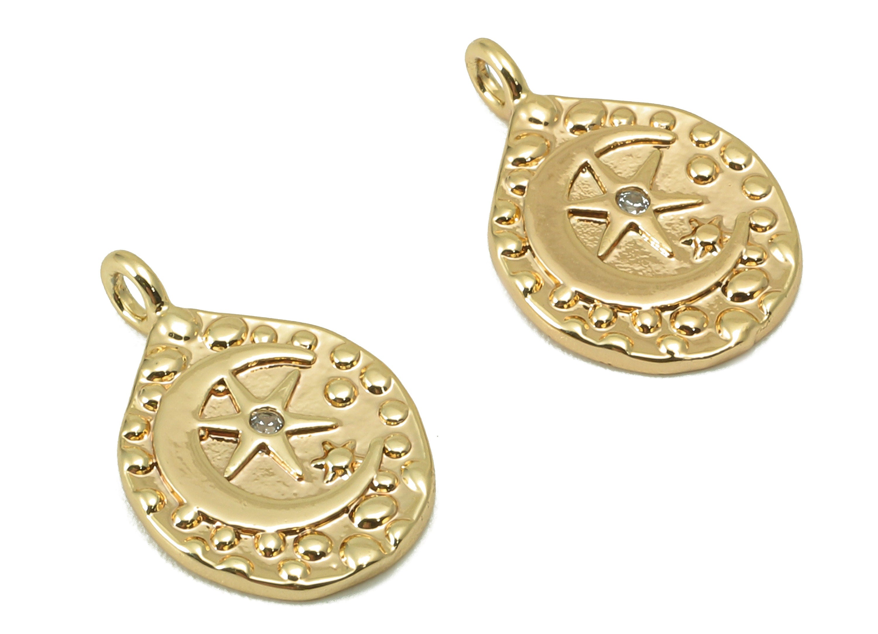 Brass Teardrop Earring Charm - Hammered Cubic Zirconia Star Charm - Dot Crescent Pendant-For Necklace-18K Real Gold Plated-15x10x1mm-RGP6042 - DOMEDBAZAAR