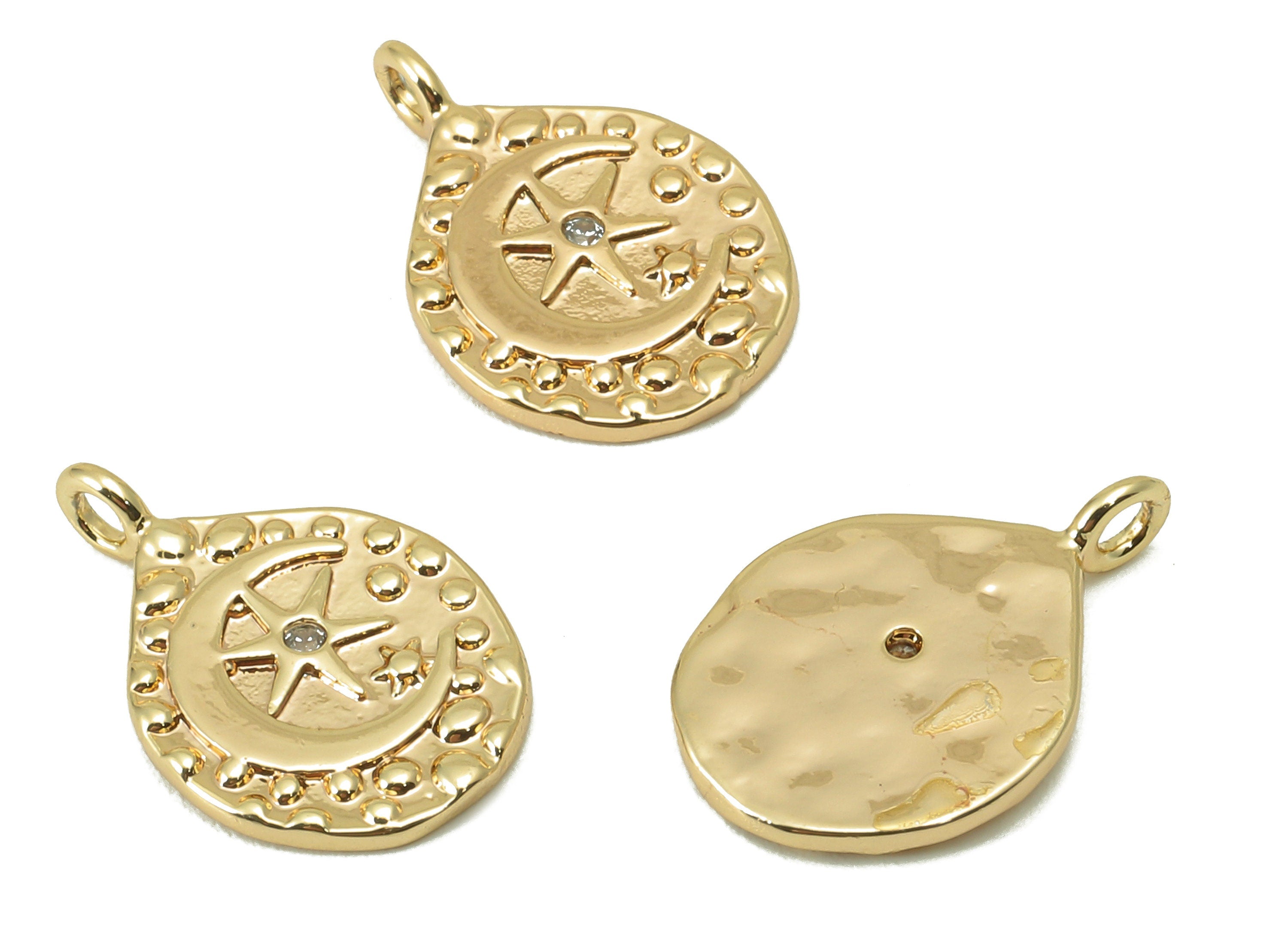 Brass Teardrop Earring Charm - Hammered Cubic Zirconia Star Charm - Dot Crescent Pendant-For Necklace-18K Real Gold Plated-15x10x1mm-RGP6042 - DOMEDBAZAAR