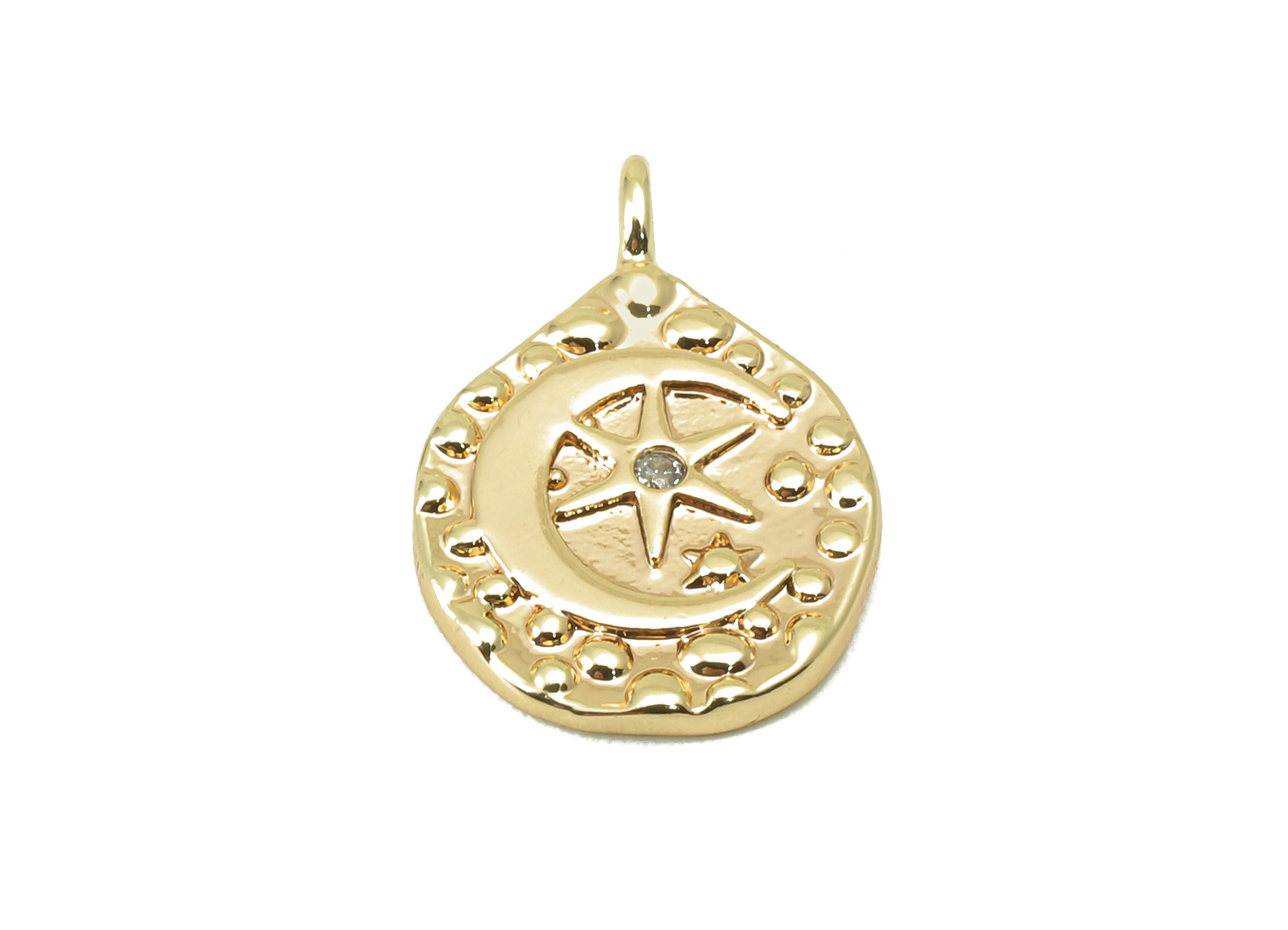 Brass Teardrop Earring Charm - Hammered Cubic Zirconia Star Charm - Dot Crescent Pendant-For Necklace-18K Real Gold Plated-15x10x1mm-RGP6042 - DOMEDBAZAAR