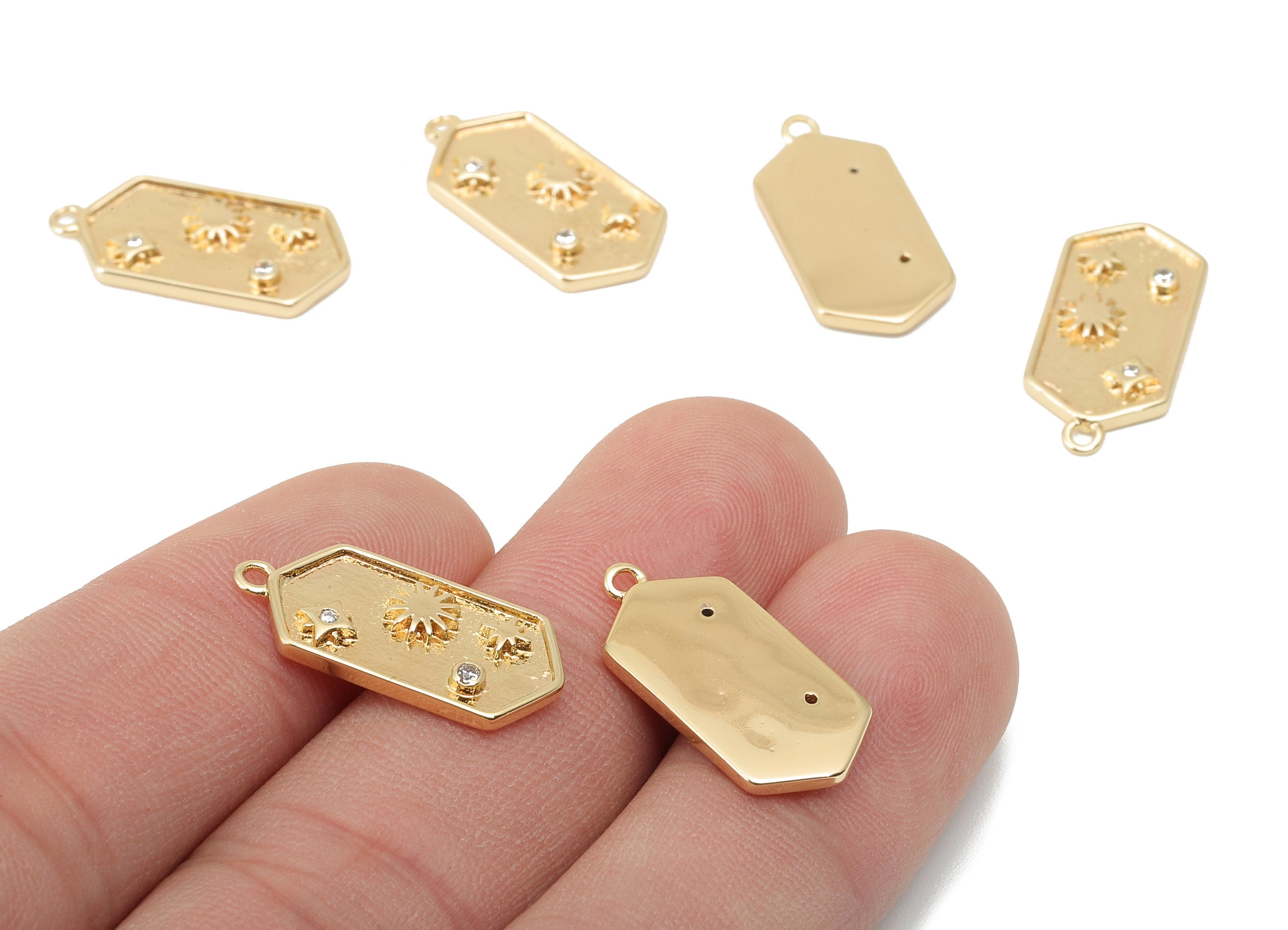 Brass Hexagon Earring Charm - Hammered Cubic Zirconia Star Charm -Brass Sun Pendant-For Necklace - 18K Real Gold Plated - 21x10x2mm -RGP6044 - DOMEDBAZAAR