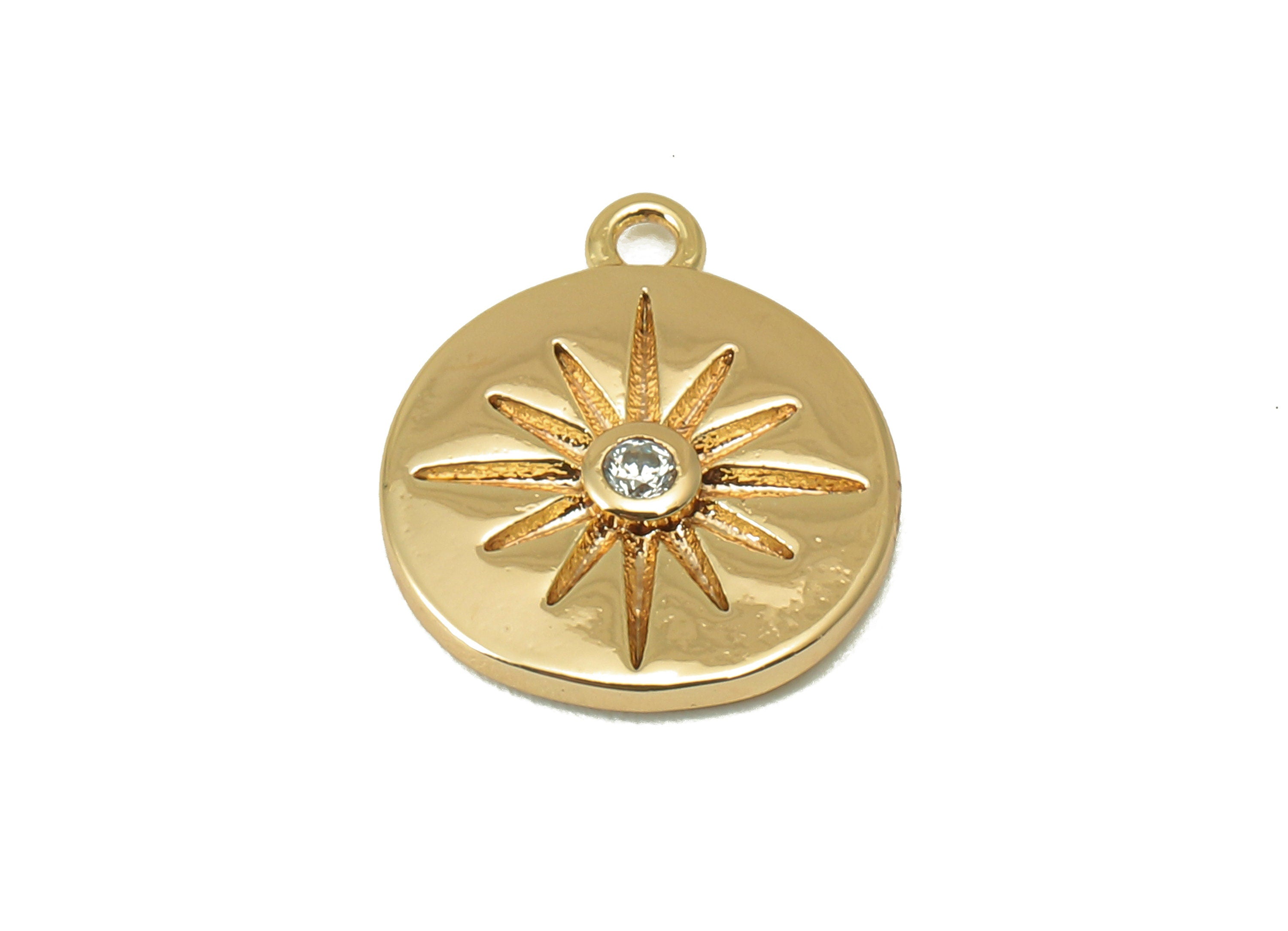 Brass Round Earring Charm - Brass Cubic Zirconia Star Charm -Brass CZ Star Pendant- For Necklace - 18K Real Gold Plated - 14x12x1mm-RGP6051 - DOMEDBAZAAR