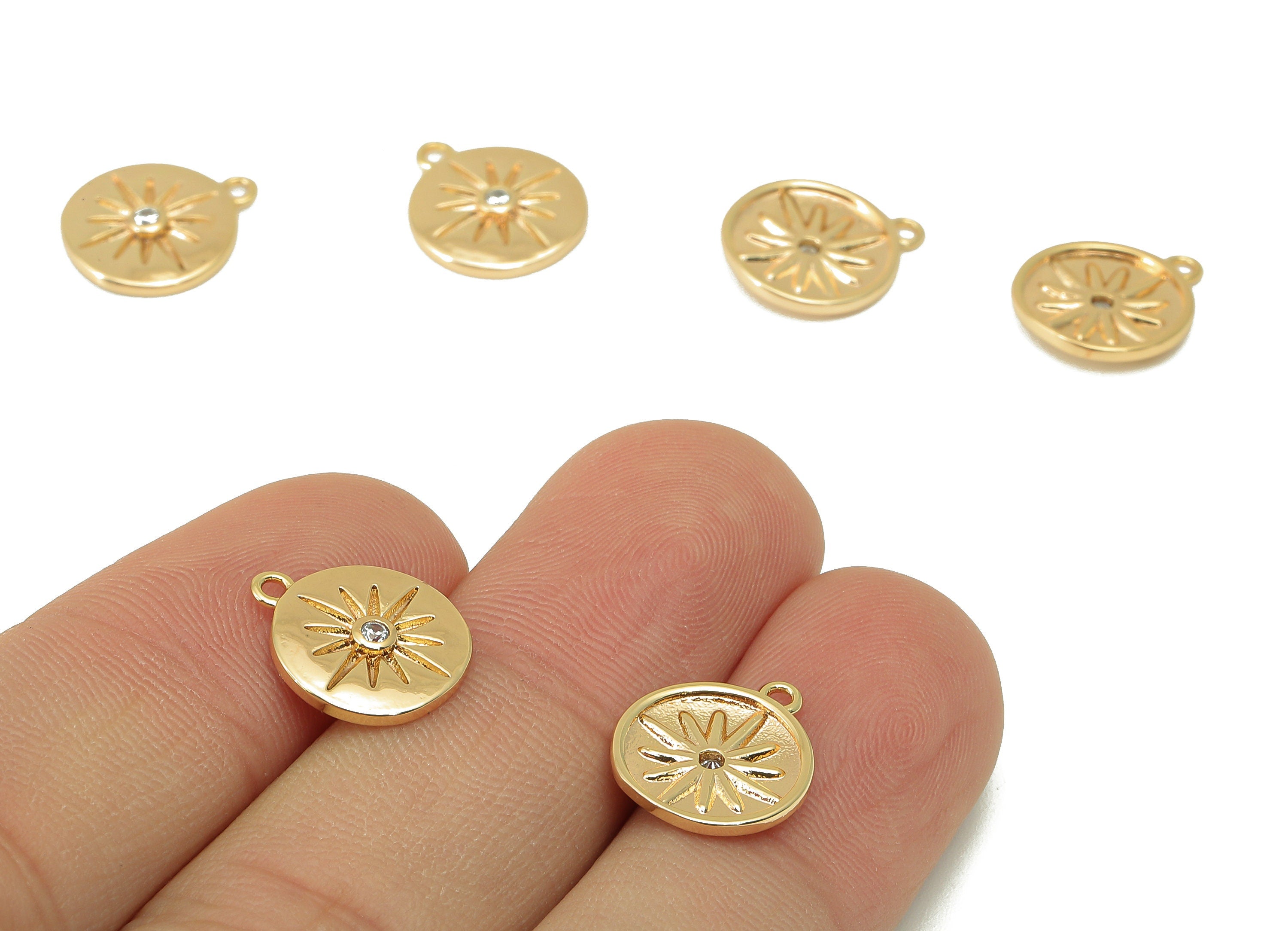 Brass Round Earring Charm - Brass Cubic Zirconia Star Charm -Brass CZ Star Pendant- For Necklace - 18K Real Gold Plated - 14x12x1mm-RGP6051 - DOMEDBAZAAR