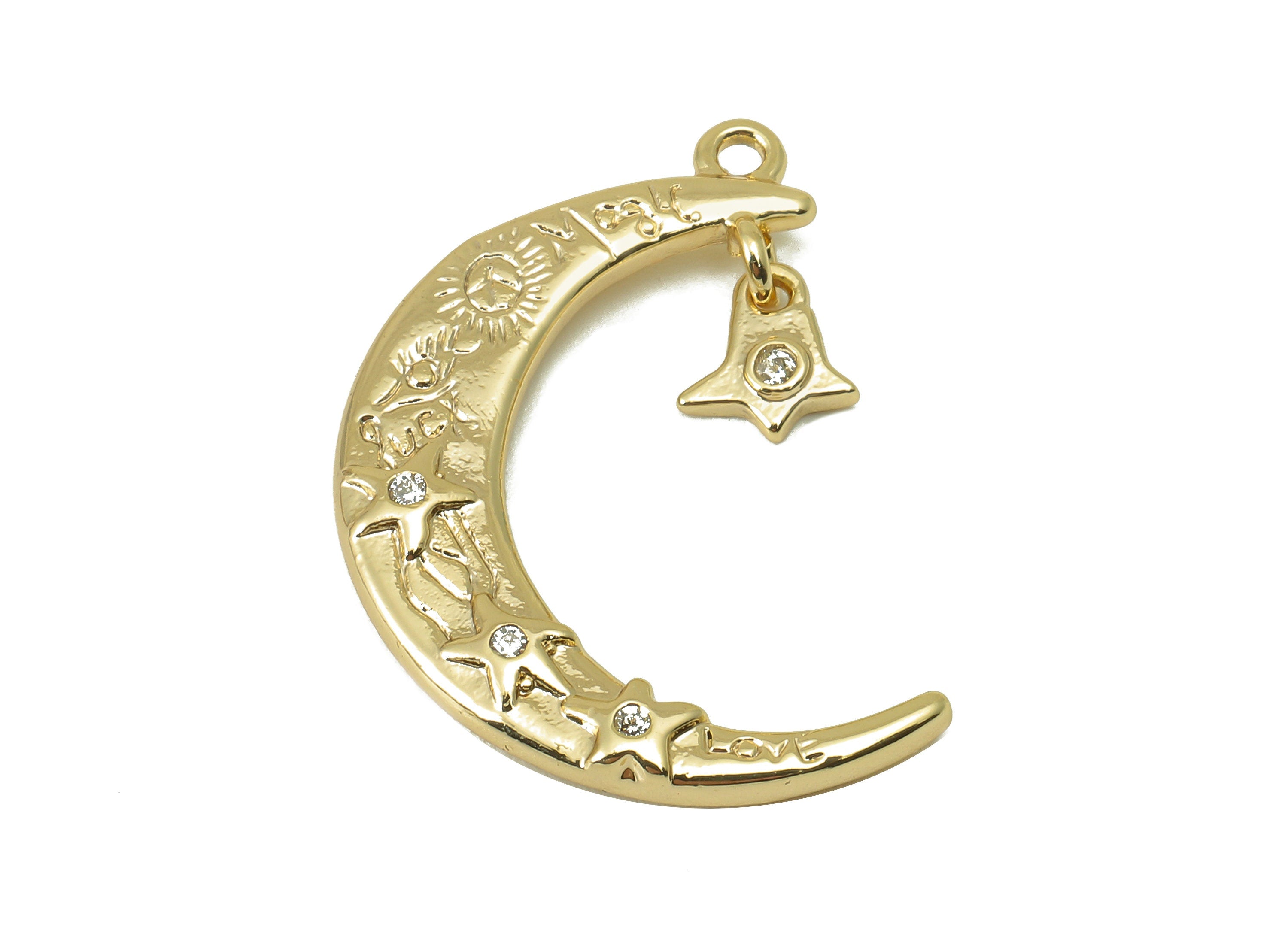 Brass Crescent Earring Charm - Brass Cubic Zirconia Star Charm - CZ Moon Pendant- For Necklace - 18K Real Gold Plated - 26x6x2mm-RGP6054 - DOMEDBAZAAR