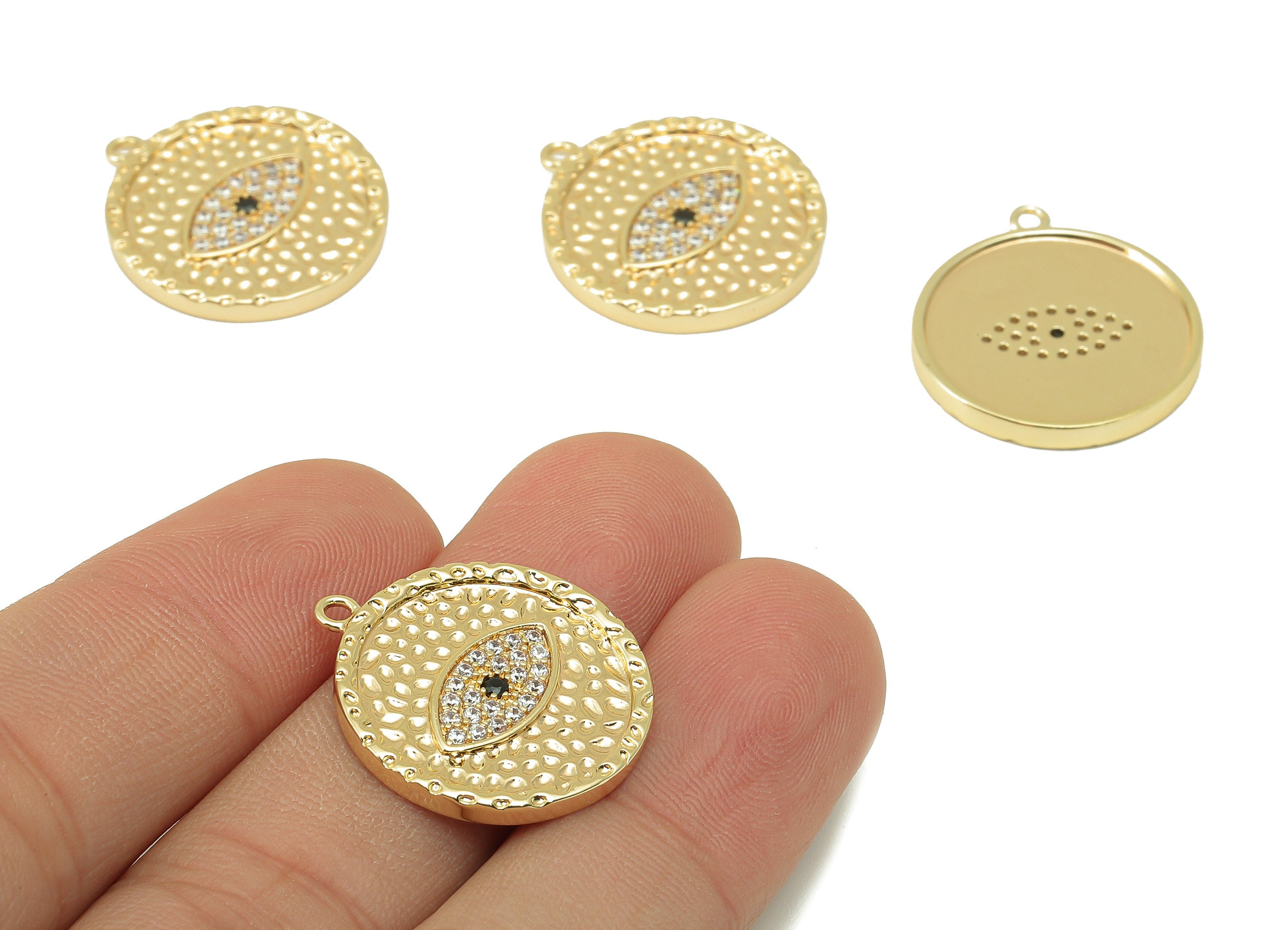 Brass Round Earring Charm - Brass Cubic Zirconia Eye Charm - CZ Hammered Eye Pendant- For Necklace - 18K Real Gold Plated -23x21x2mm-RGP6056 - DOMEDBAZAAR