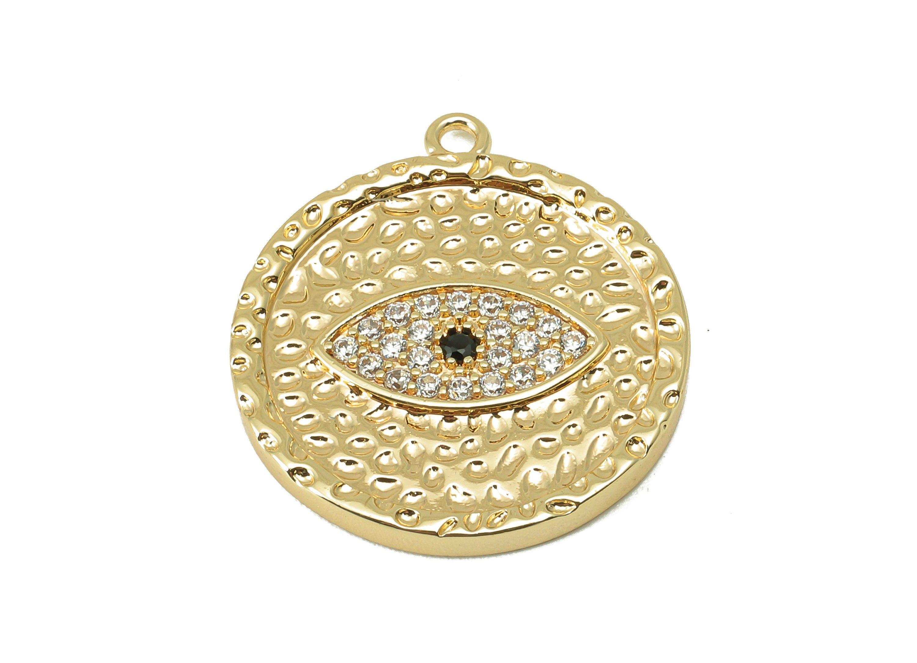 Brass Round Earring Charm - Brass Cubic Zirconia Eye Charm - CZ Hammered Eye Pendant- For Necklace - 18K Real Gold Plated -23x21x2mm-RGP6056 - DOMEDBAZAAR