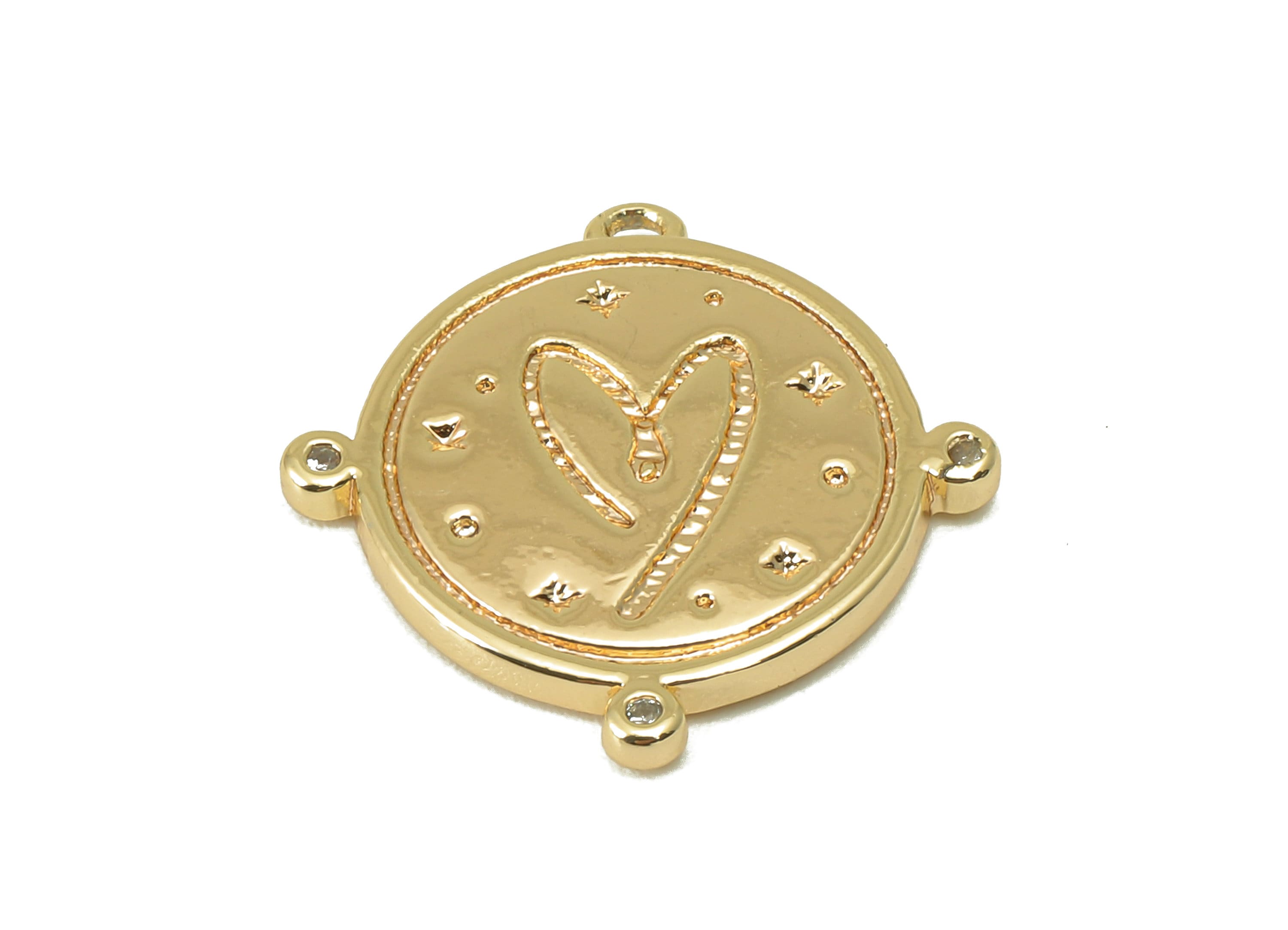 Brass Round Earring Charm - Brass Cubic Zirconia Heart Charm -Brass CZ Heart Pendant- For Necklace - 18K Real Gold Plated -19x19x2mm-RGP6091 - DOMEDBAZAAR