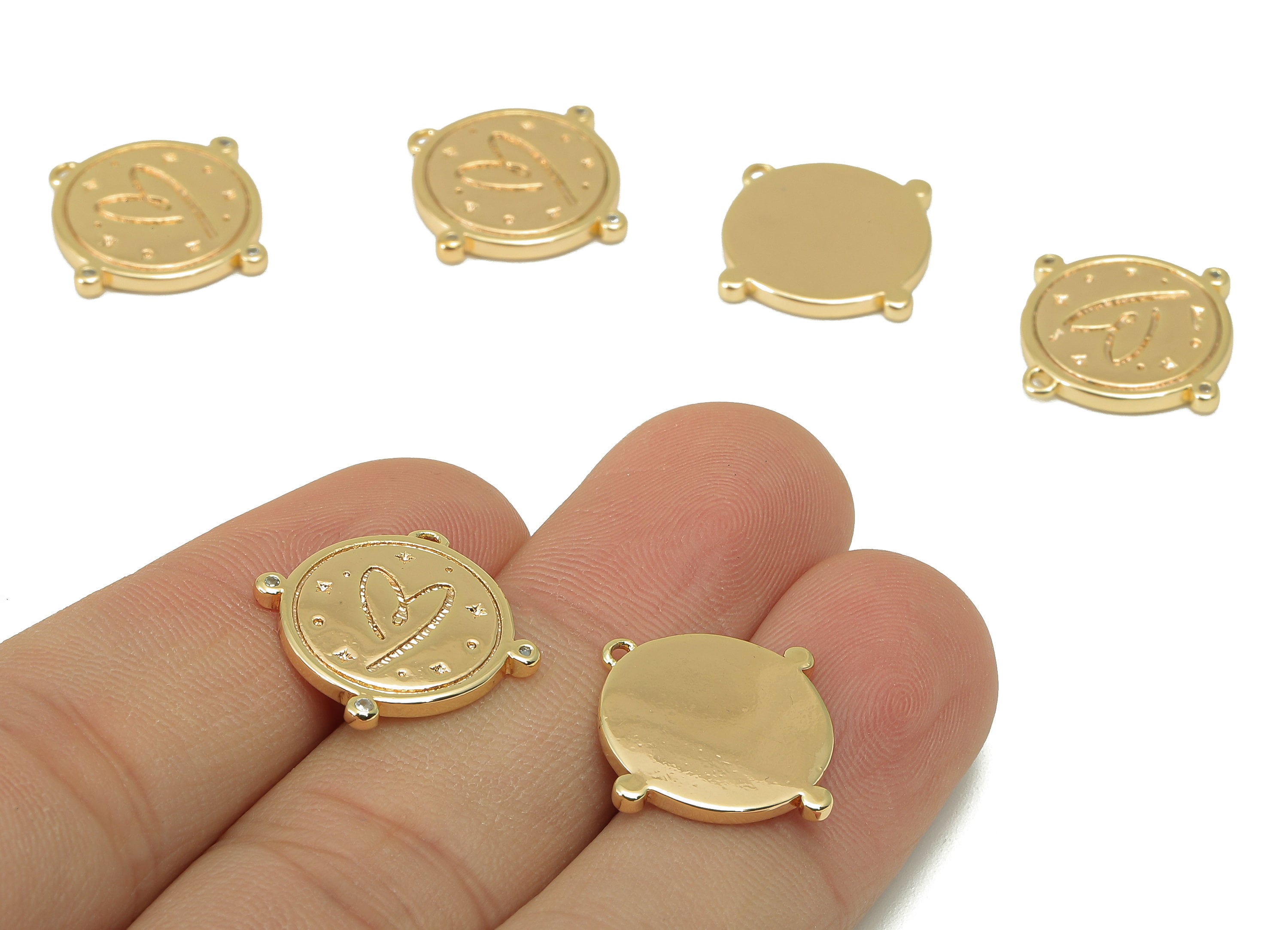 Brass Round Earring Charm - Brass Cubic Zirconia Heart Charm -Brass CZ Heart Pendant- For Necklace - 18K Real Gold Plated -19x19x2mm-RGP6091 - DOMEDBAZAAR