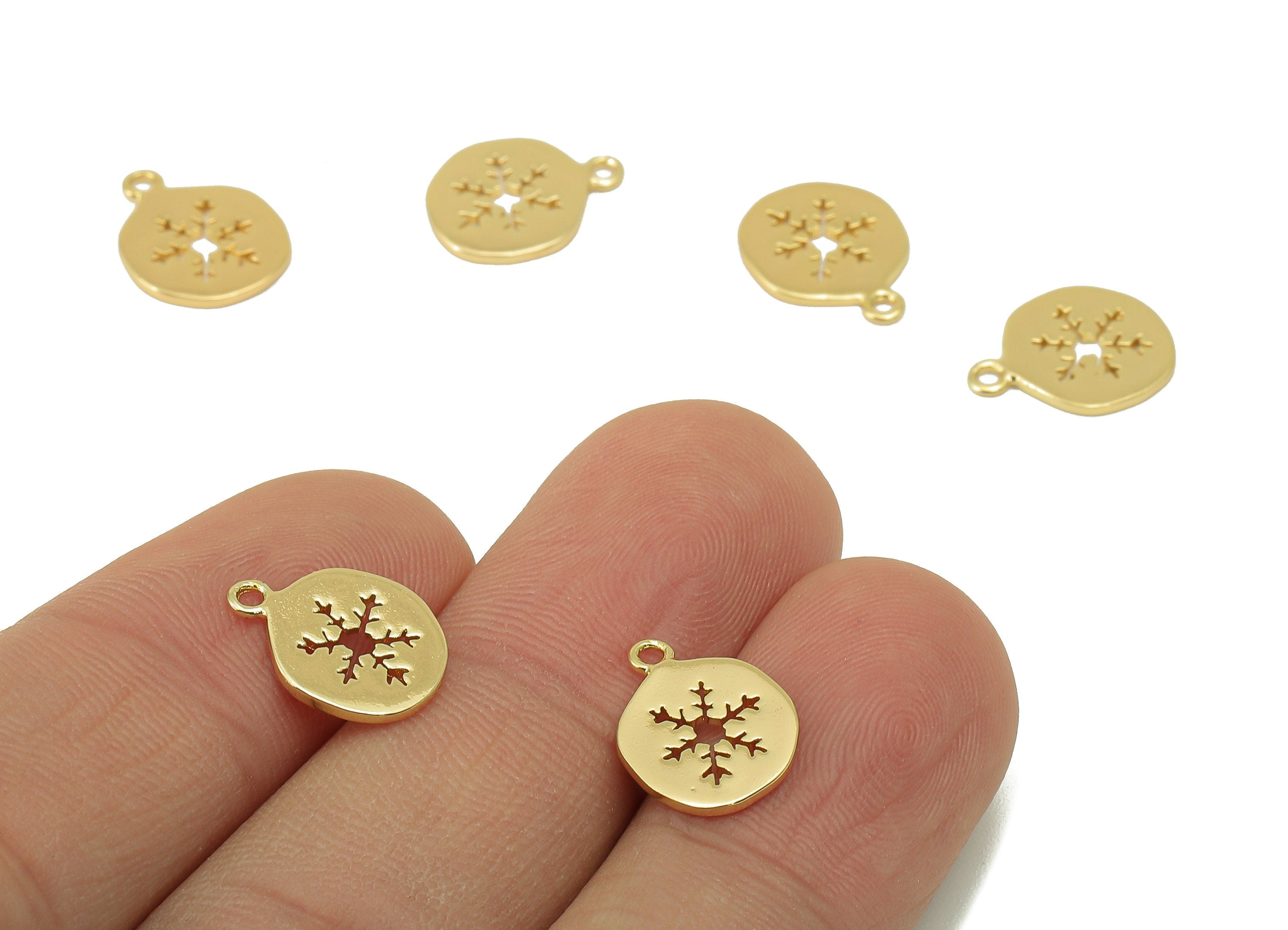Brass Round Earring Charm - Brass Snowflake Charm - Brass Hollow Snowflake Pendant - For Necklace - 18K Real Gold Plated -13x10x1mm- RGP6109 - DOMEDBAZAAR