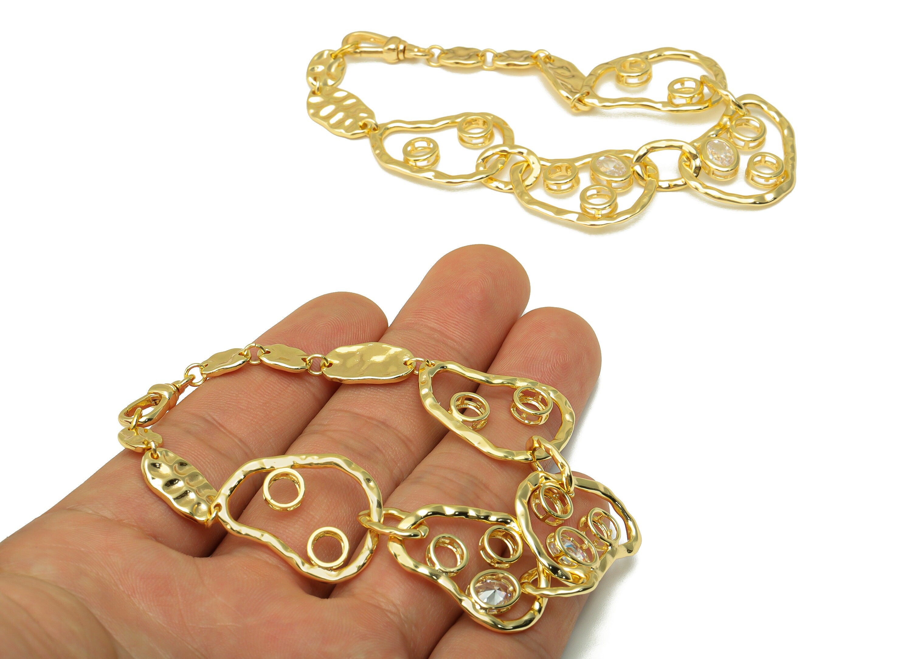 Brass Irregular Bracelet - Brass Hammered CZ Bracelet- Cubic Zircon Bracelet - Jewelry Supplies - 18K Real Gold Plated -196x21x3mm- RGP6484 - DOMEDBAZAAR