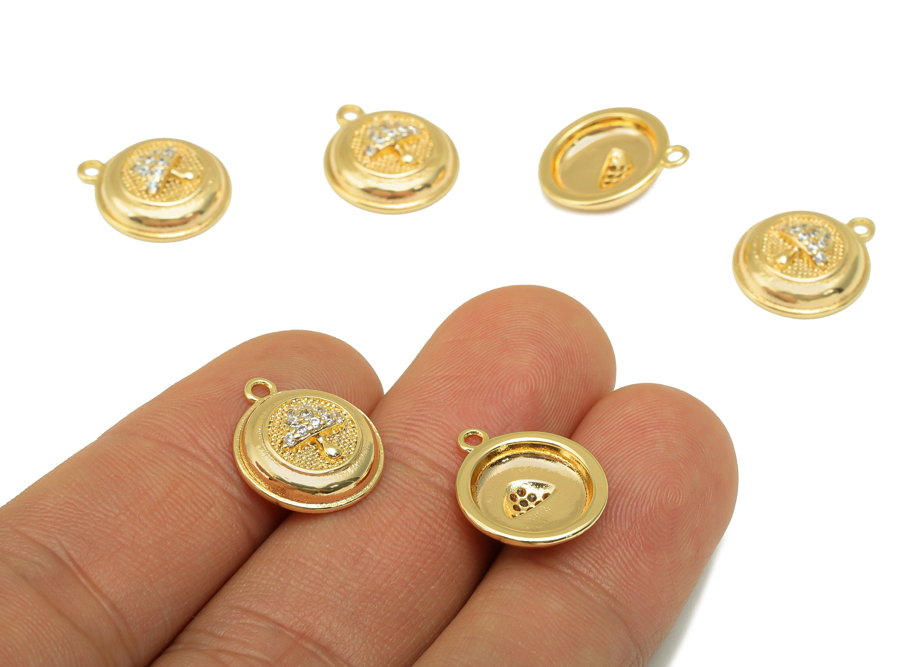 Brass Round Earring Charm – Brass Mushroom Pendant- Cubic Zirconia Charm - Earring Charm -18K Real Gold Plated - 15.75x13.46x1.36mm- RGP6508 - DOMEDBAZAAR
