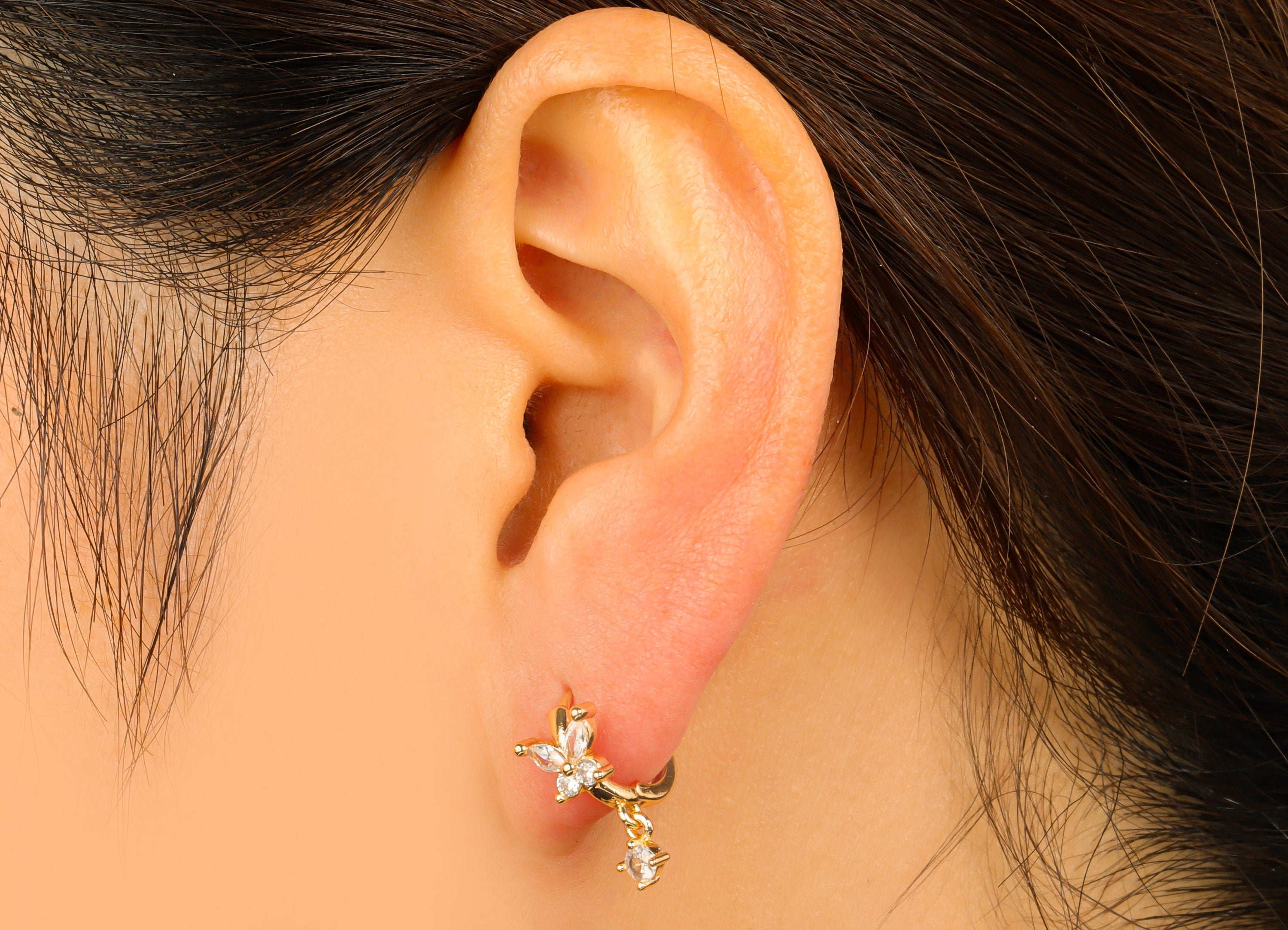 Brass Butterfly Earring Clasp - Brass CZ Huggie Hoop Clasp - Cubic Zirconia Butterfly Bow Hoop Clasp -18K Real Gold Plated-18x12x3mm-RGP6382 - DOMEDBAZAAR