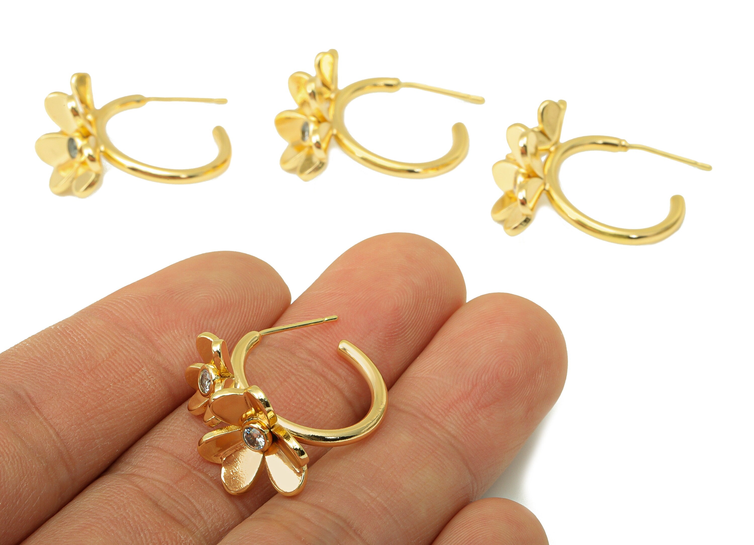 Brass Flower Earring Stud - Brass Cubic Zirconia Earring Post - Daisy Post -Flower Earring Hoop -18K Real Gold Plated - 30x21x5.5mm- RGP6414 - DOMEDBAZAAR